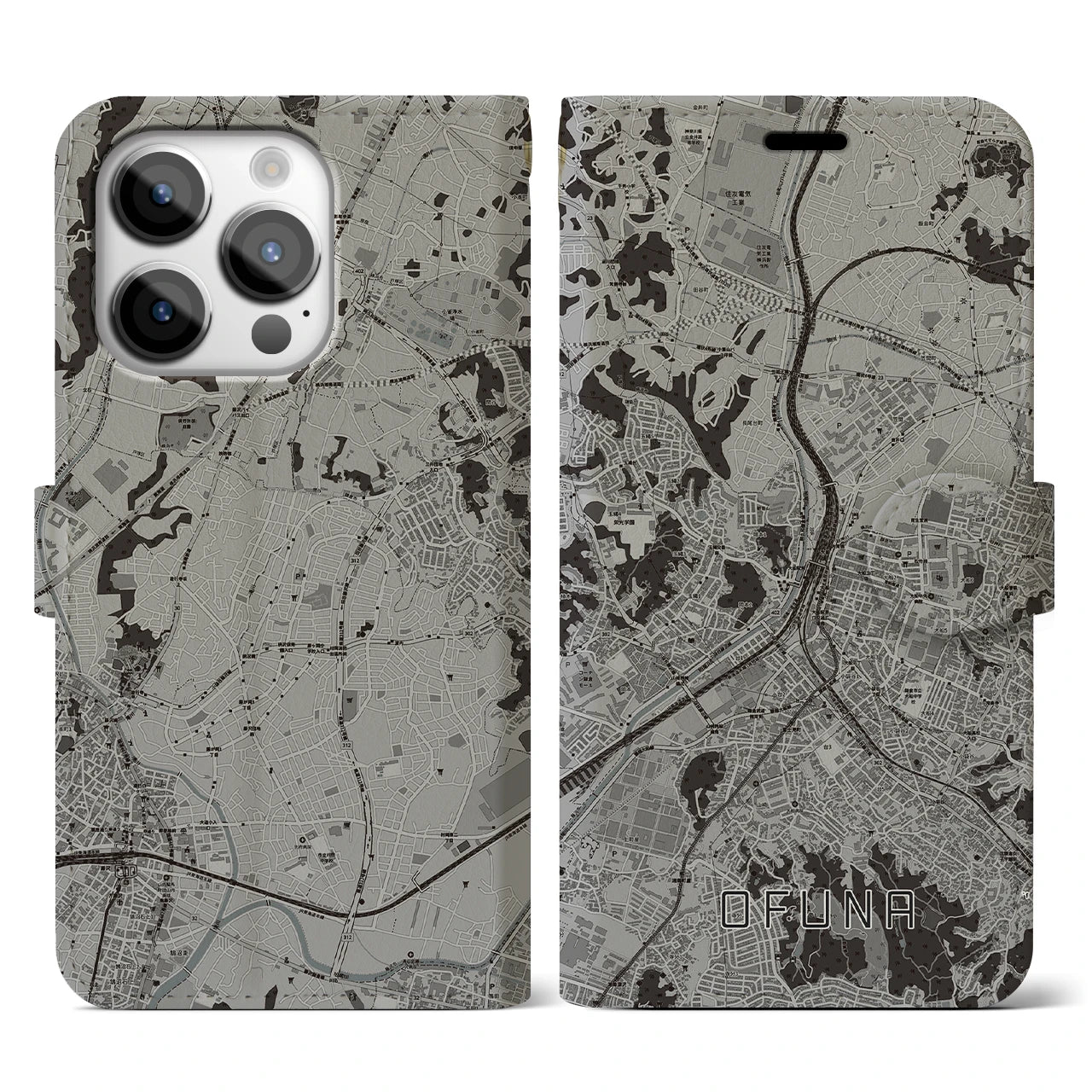 【大船(神奈川県)】地図柄iPhoneケース(手帳タイプ)モノトーン・iPhone 14 Pro 用