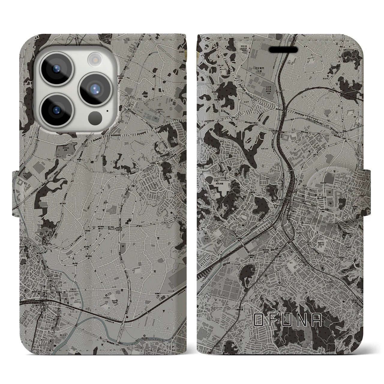 【大船(神奈川県)】地図柄iPhoneケース(手帳タイプ)モノトーン・iPhone 15 Pro 用