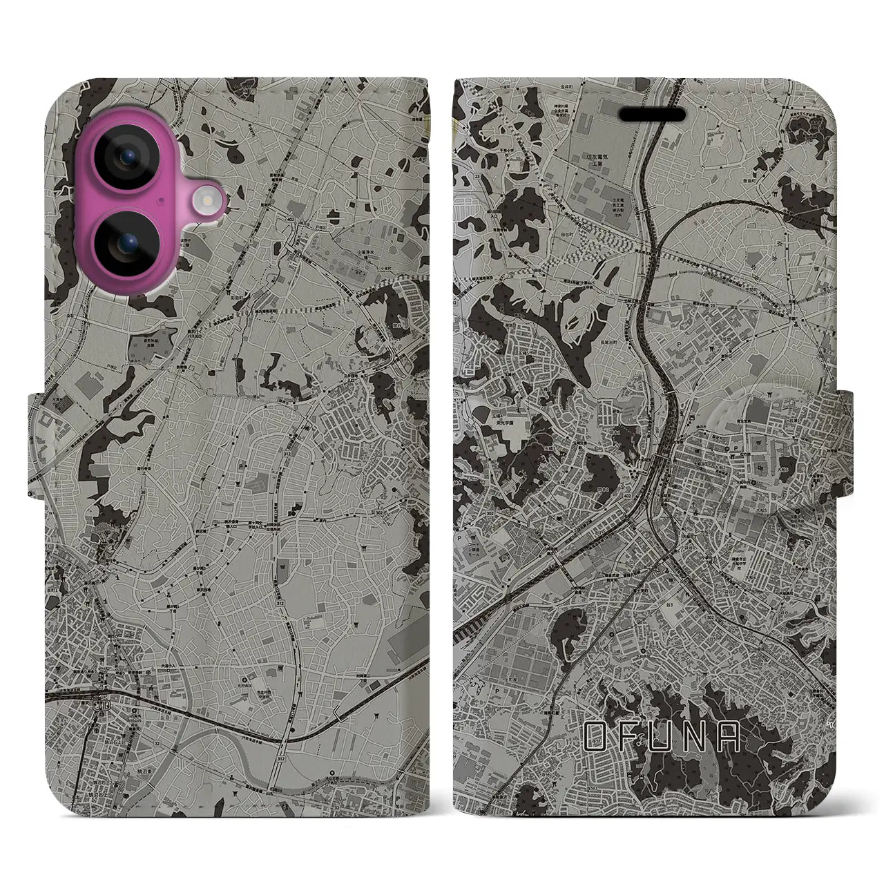 【大船(神奈川県)】地図柄iPhoneケース(手帳タイプ)モノトーン・iPhone 16 Pro 用