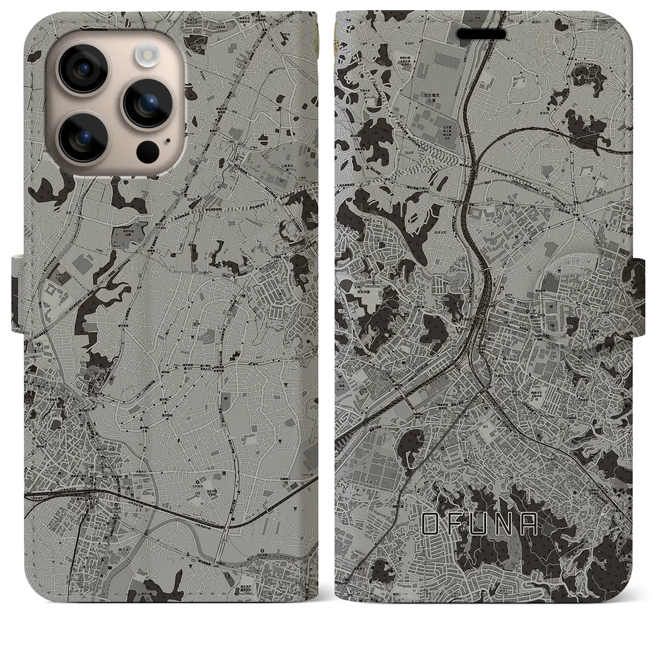 【大船(神奈川県)】地図柄iPhoneケース(手帳タイプ)モノトーン・iPhone 16 Plus 用