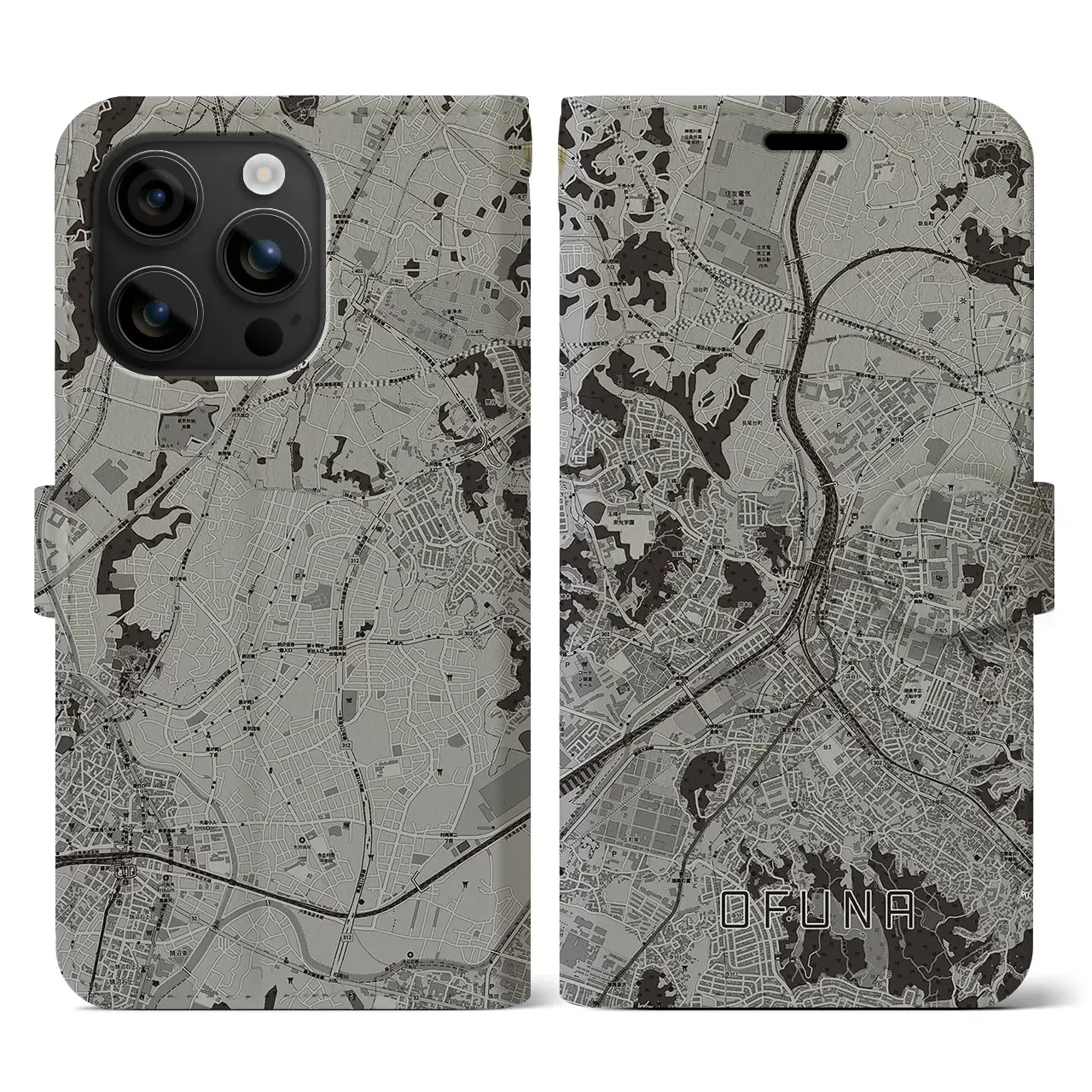 【大船(神奈川県)】地図柄iPhoneケース(手帳タイプ)モノトーン・iPhone 16 用