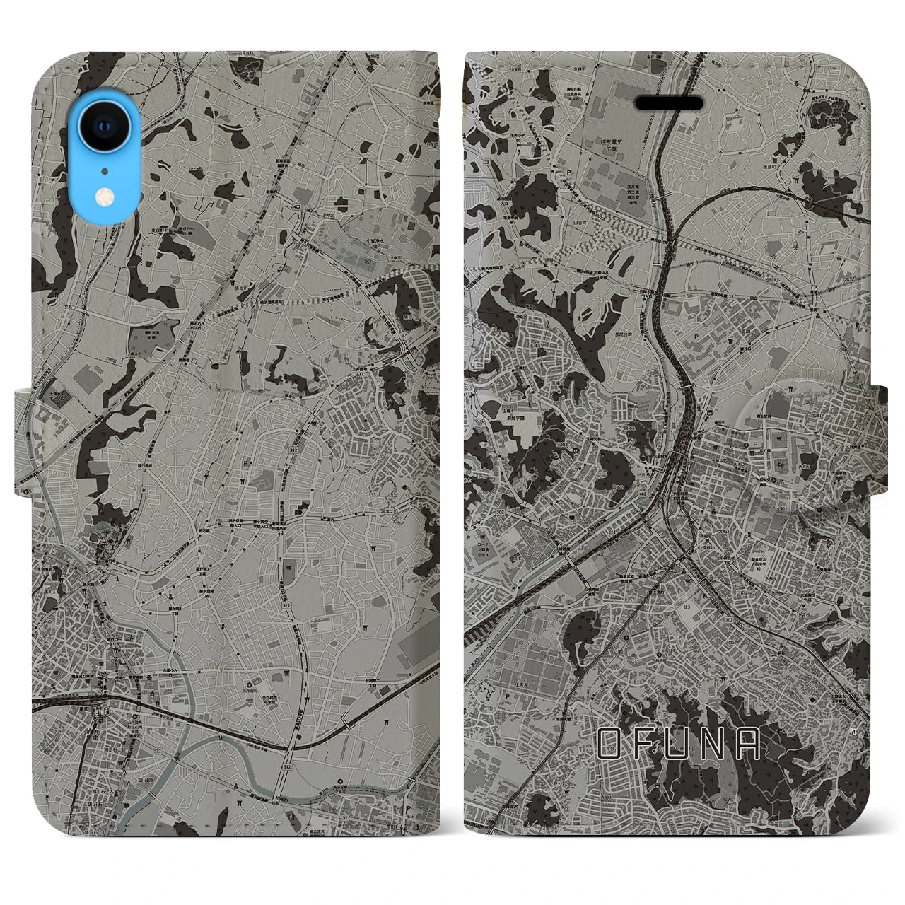 【大船(神奈川県)】地図柄iPhoneケース(手帳タイプ)モノトーン・iPhone XR 用