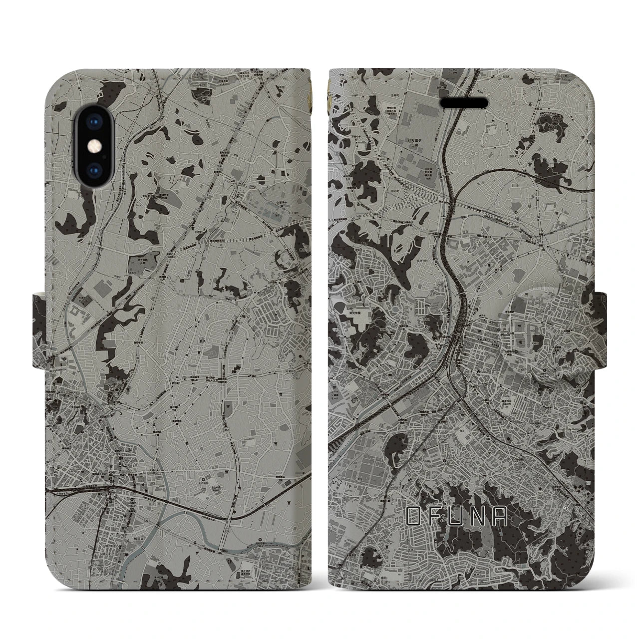 【大船(神奈川県)】地図柄iPhoneケース(手帳タイプ)モノトーン・iPhone XS / X 用
