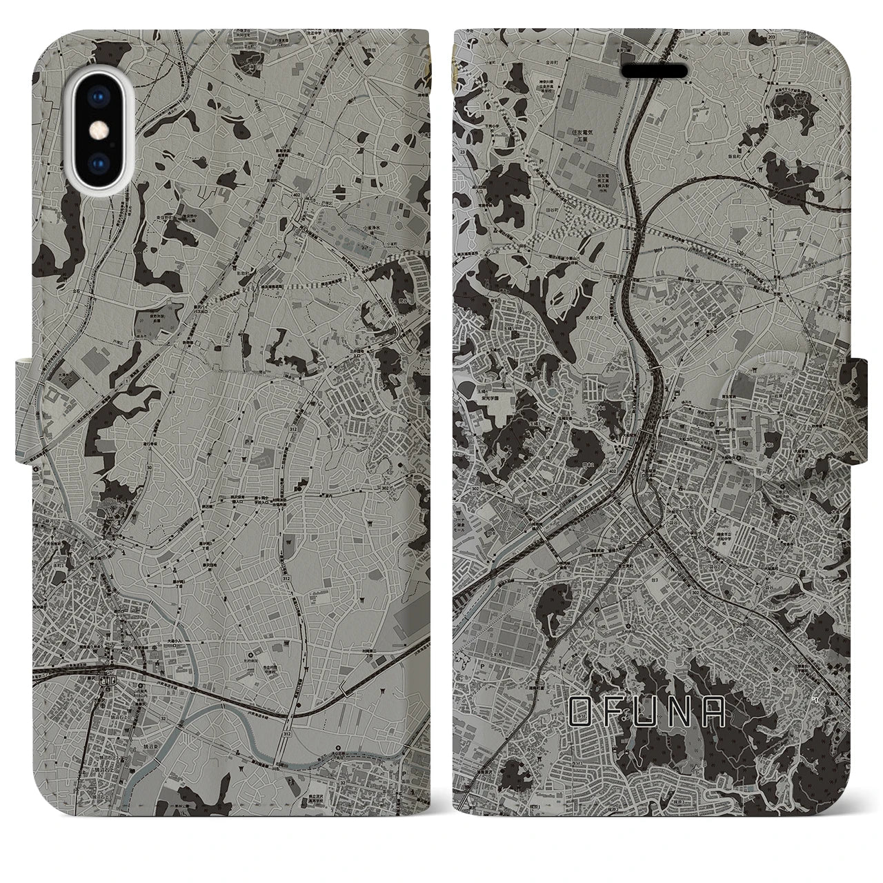 【大船(神奈川県)】地図柄iPhoneケース(手帳タイプ)モノトーン・iPhone XS Max 用