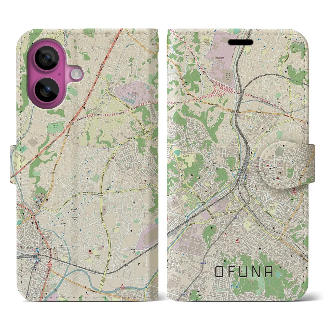 【大船(神奈川県)】地図柄iPhoneケース(手帳タイプ)ナチュラル・iPhone 16 Pro 用
