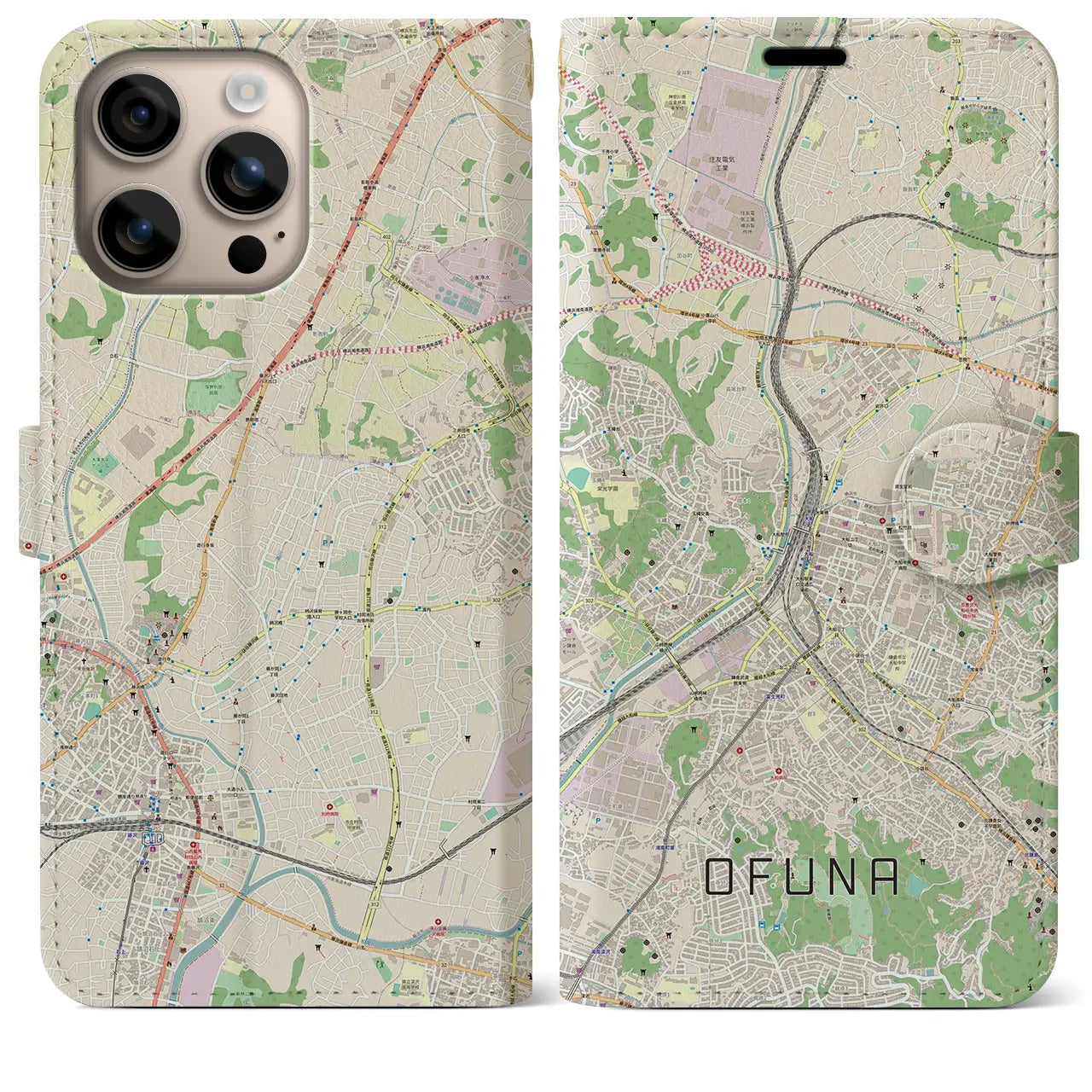 【大船(神奈川県)】地図柄iPhoneケース(手帳タイプ)ナチュラル・iPhone 16 Plus 用