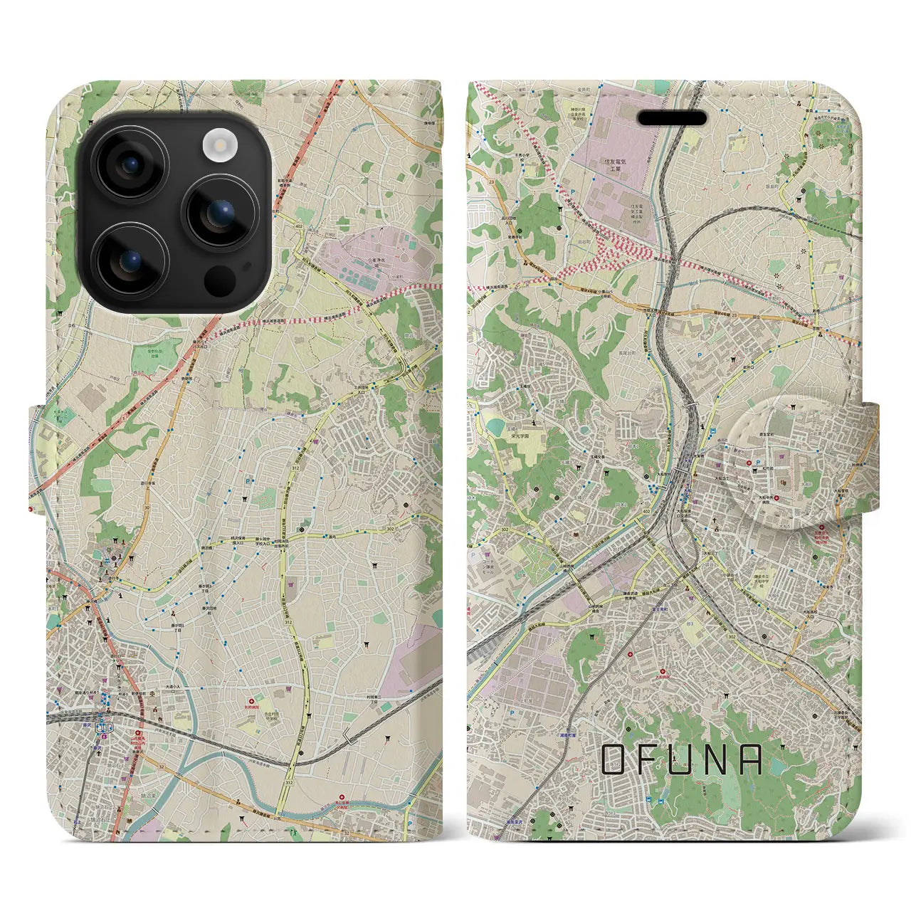 【大船(神奈川県)】地図柄iPhoneケース(手帳タイプ)ナチュラル・iPhone 16 用