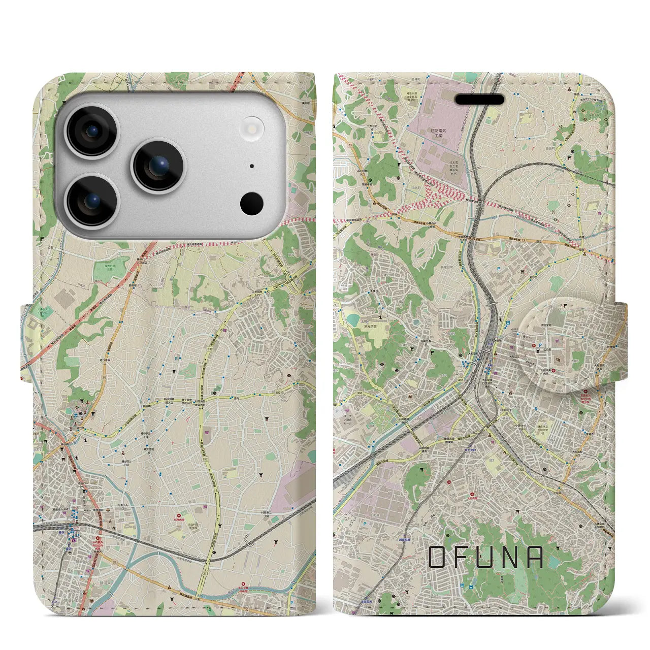 【大船(神奈川県)】地図柄iPhoneケース(手帳タイプ)ナチュラル・iPhone 17 Pro Max 用