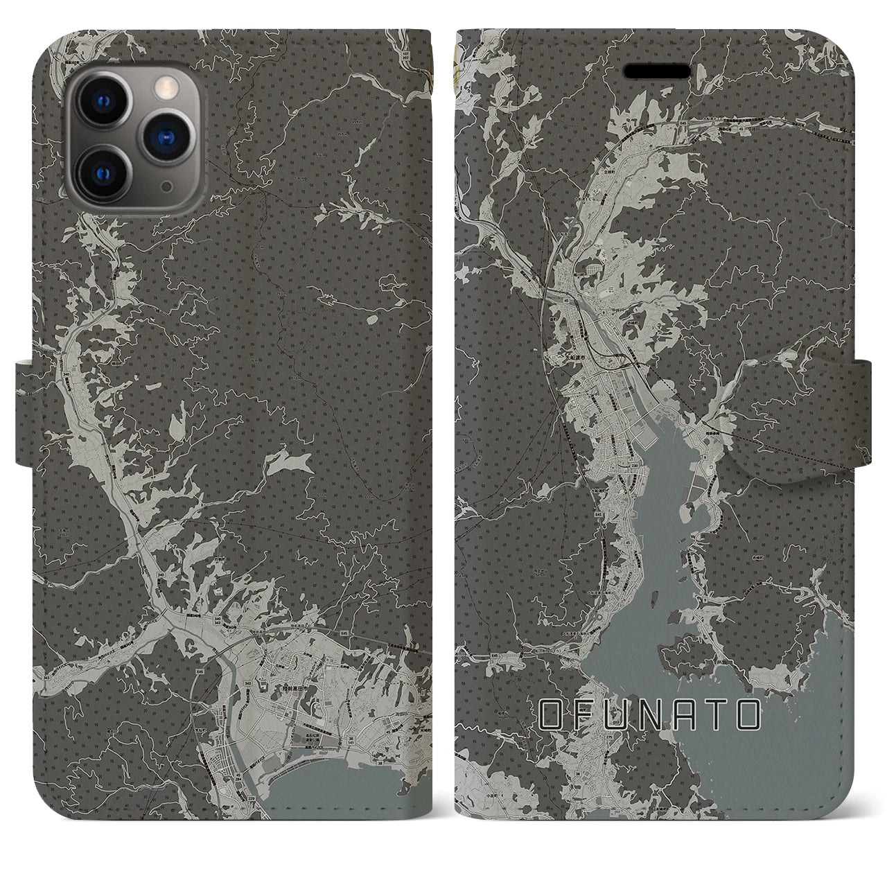 【大船渡(岩手県)】地図柄iPhoneケース(手帳タイプ)モノトーン・iPhone 11 Pro Max 用