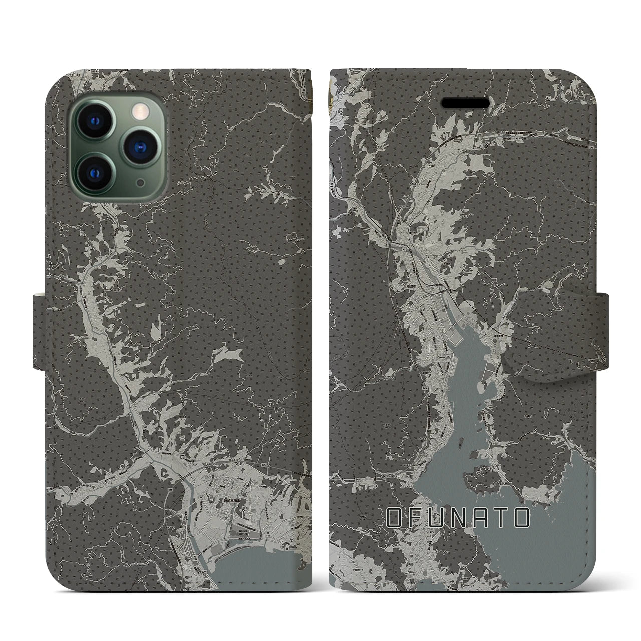 【大船渡(岩手県)】地図柄iPhoneケース(手帳タイプ)モノトーン・iPhone 11 Pro 用