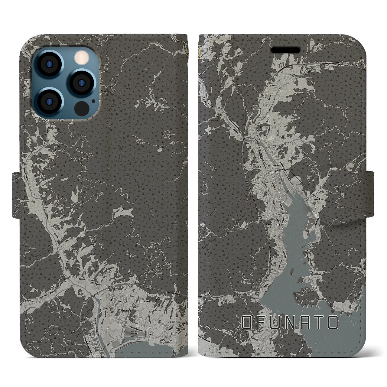 【大船渡(岩手県)】地図柄iPhoneケース(手帳タイプ)モノトーン・iPhone 12 / 12 Pro 用