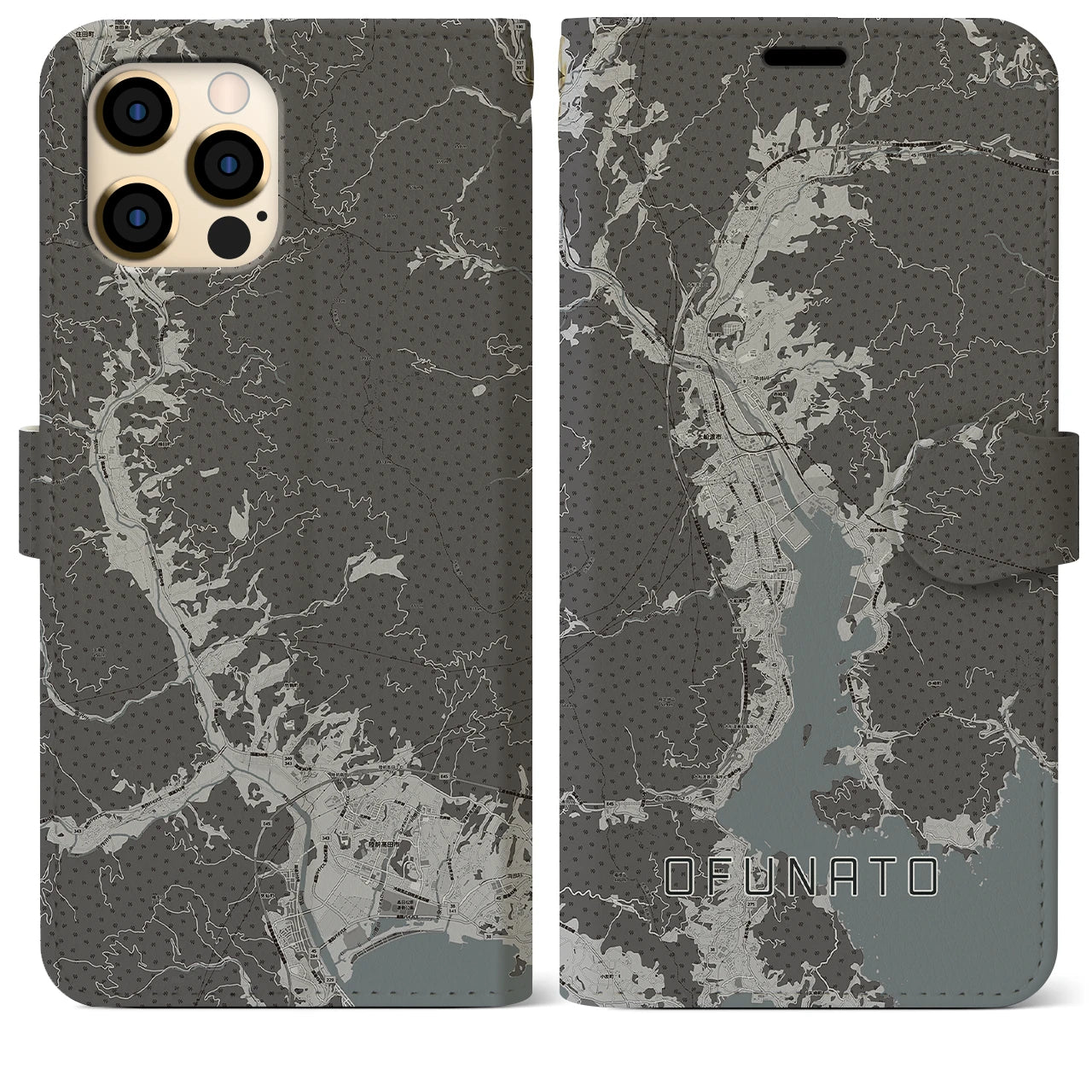 【大船渡(岩手県)】地図柄iPhoneケース(手帳タイプ)モノトーン・iPhone 12 Pro Max 用