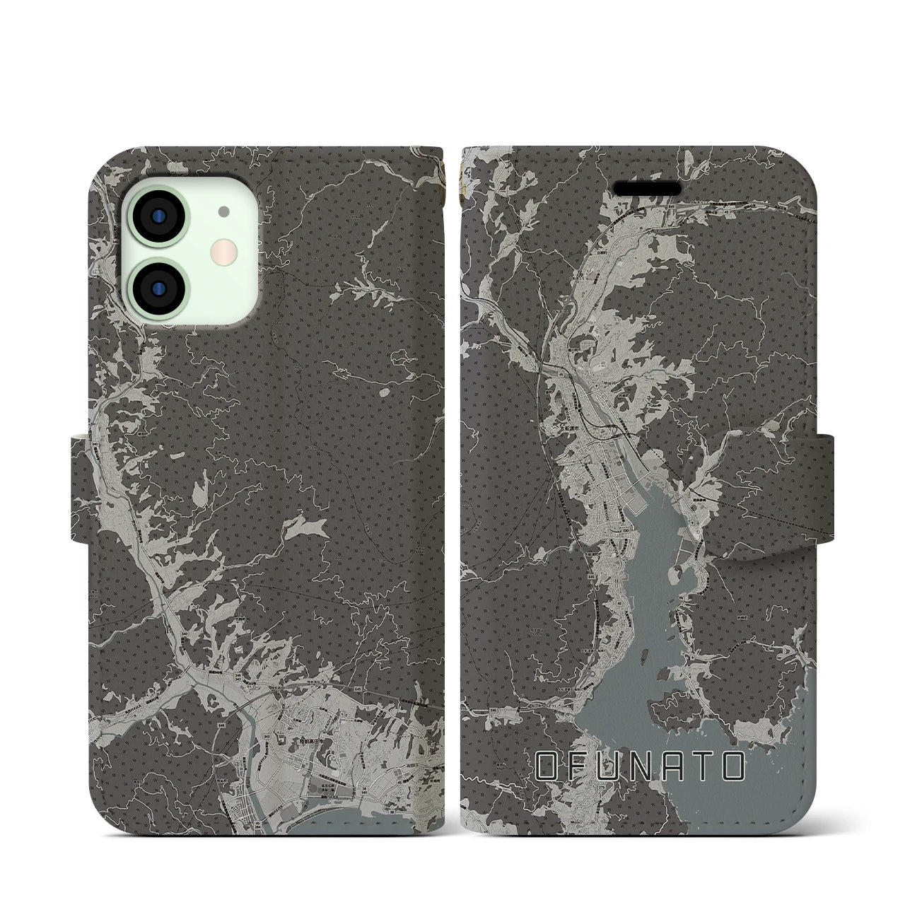 【大船渡(岩手県)】地図柄iPhoneケース(手帳タイプ)モノトーン・iPhone 12 mini 用