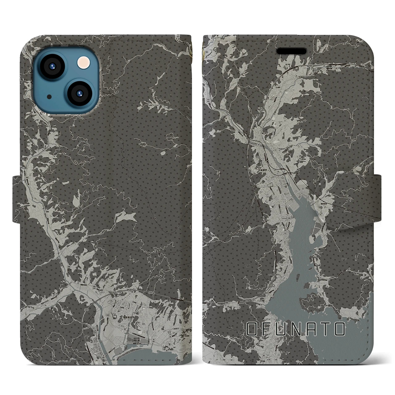 【大船渡(岩手県)】地図柄iPhoneケース(手帳タイプ)モノトーン・iPhone 13 用