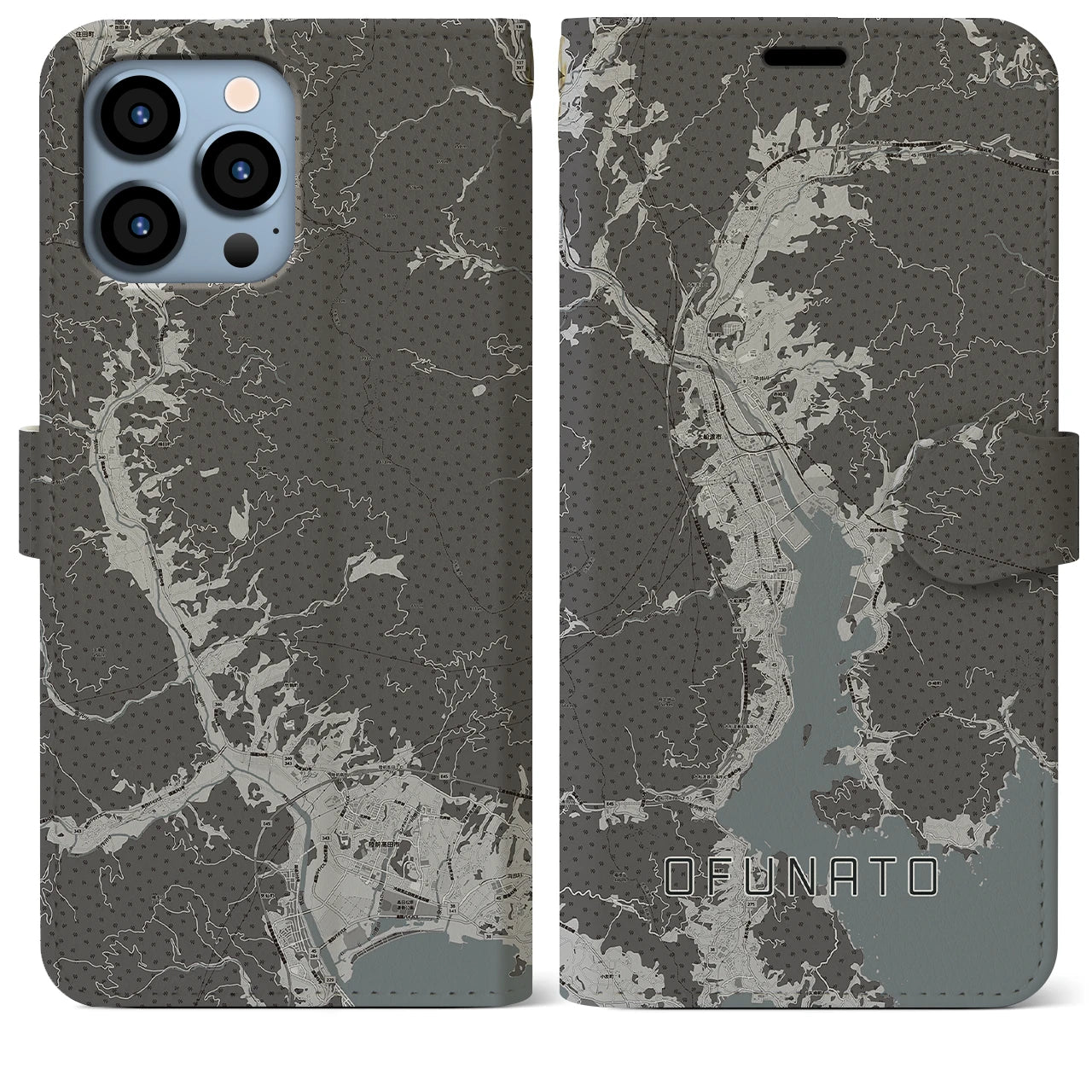 【大船渡(岩手県)】地図柄iPhoneケース(手帳タイプ)モノトーン・iPhone 13 Pro Max 用