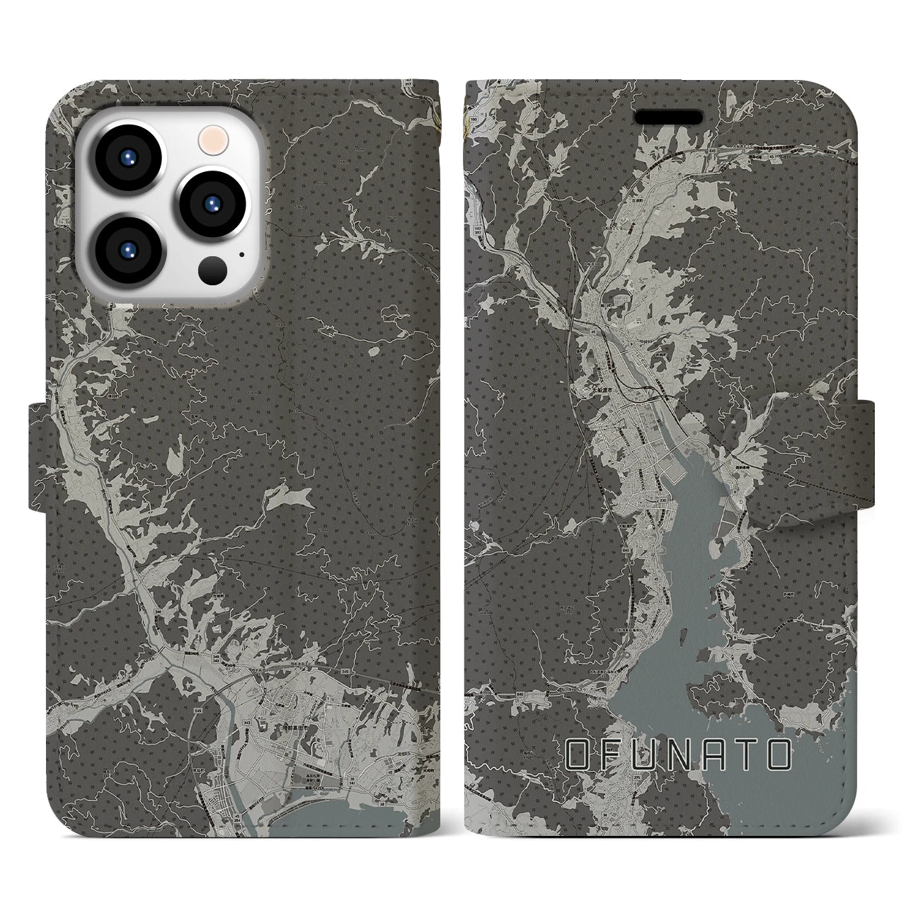 【大船渡(岩手県)】地図柄iPhoneケース(手帳タイプ)モノトーン・iPhone 13 Pro 用