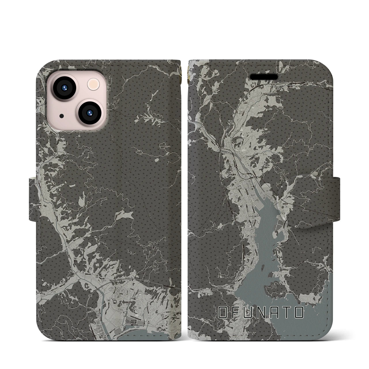 【大船渡(岩手県)】地図柄iPhoneケース(手帳タイプ)モノトーン・iPhone 13 mini 用