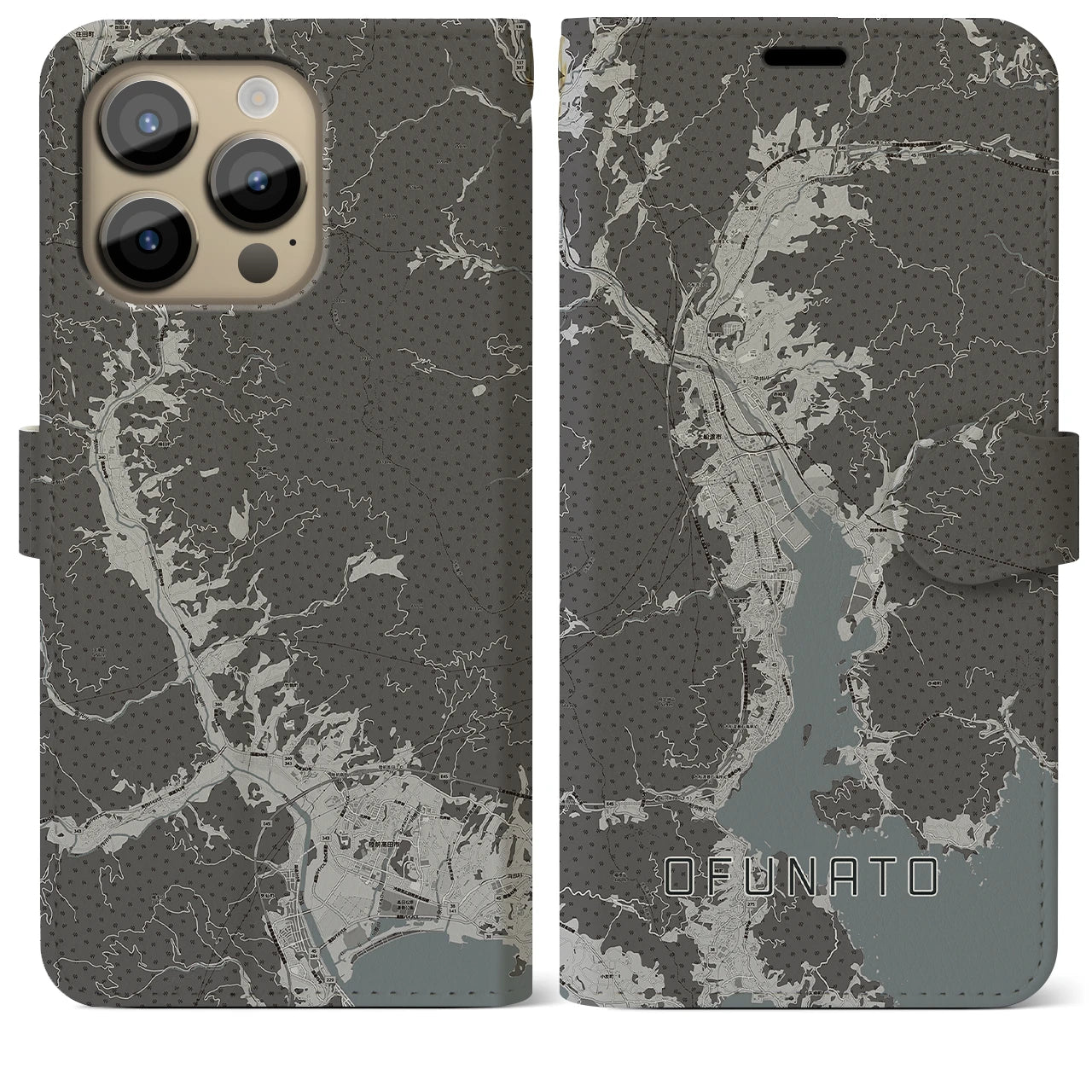 【大船渡(岩手県)】地図柄iPhoneケース(手帳タイプ)モノトーン・iPhone 14 Pro Max 用