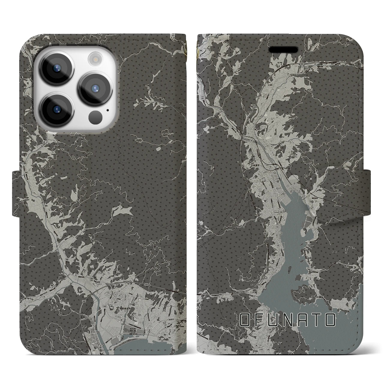 【大船渡(岩手県)】地図柄iPhoneケース(手帳タイプ)モノトーン・iPhone 14 Pro 用