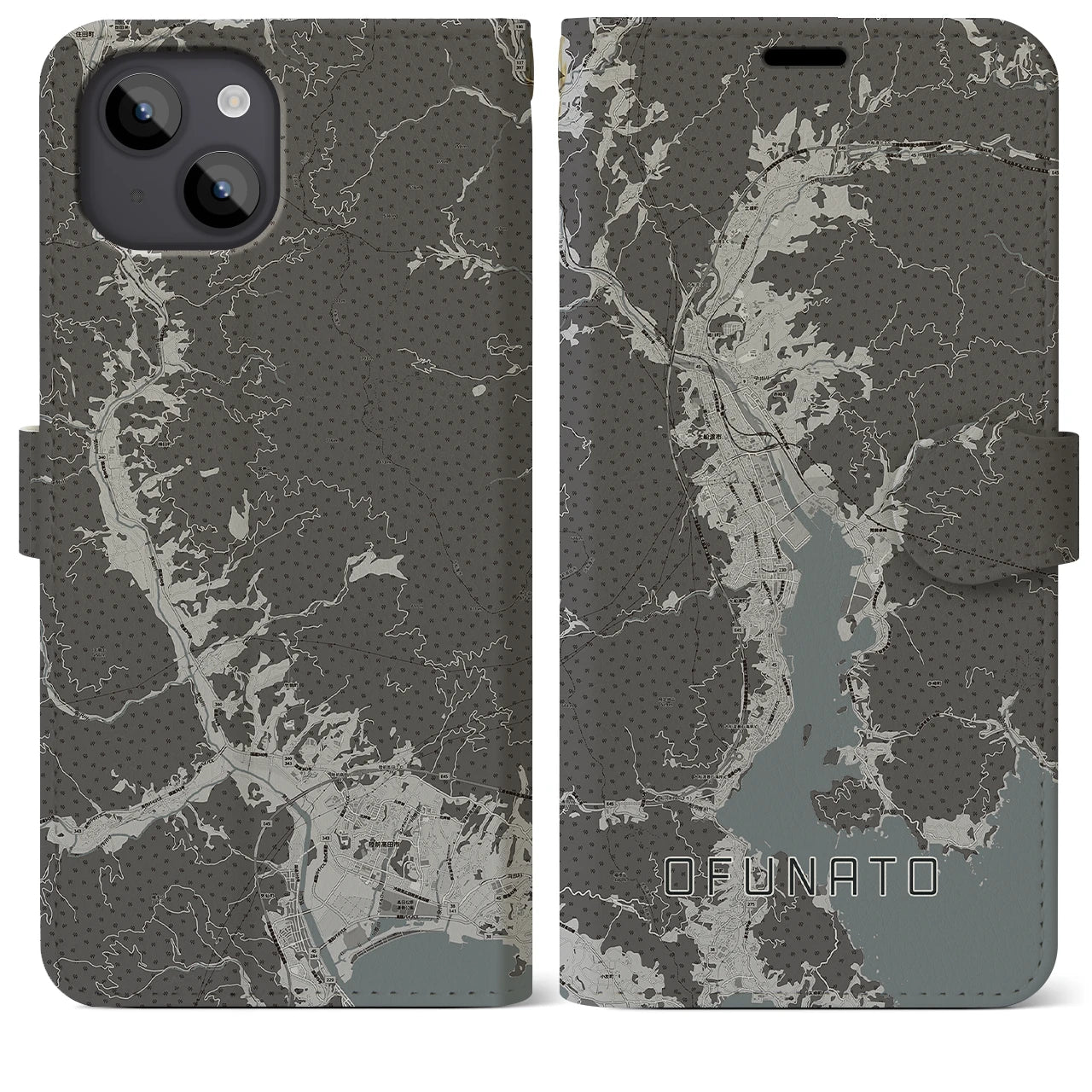 【大船渡(岩手県)】地図柄iPhoneケース(手帳タイプ)モノトーン・iPhone 14 Plus 用
