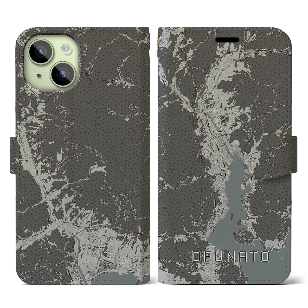 【大船渡(岩手県)】地図柄iPhoneケース(手帳タイプ)モノトーン・iPhone 15 用