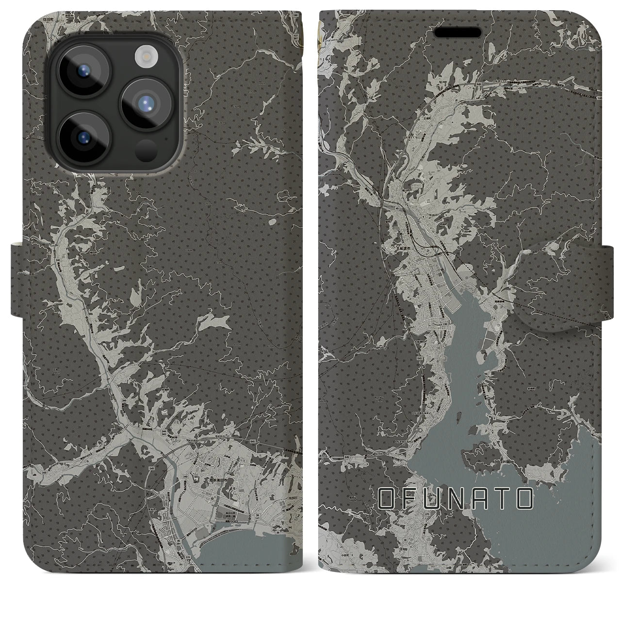 【大船渡(岩手県)】地図柄iPhoneケース(手帳タイプ)モノトーン・iPhone 15 Pro Max 用