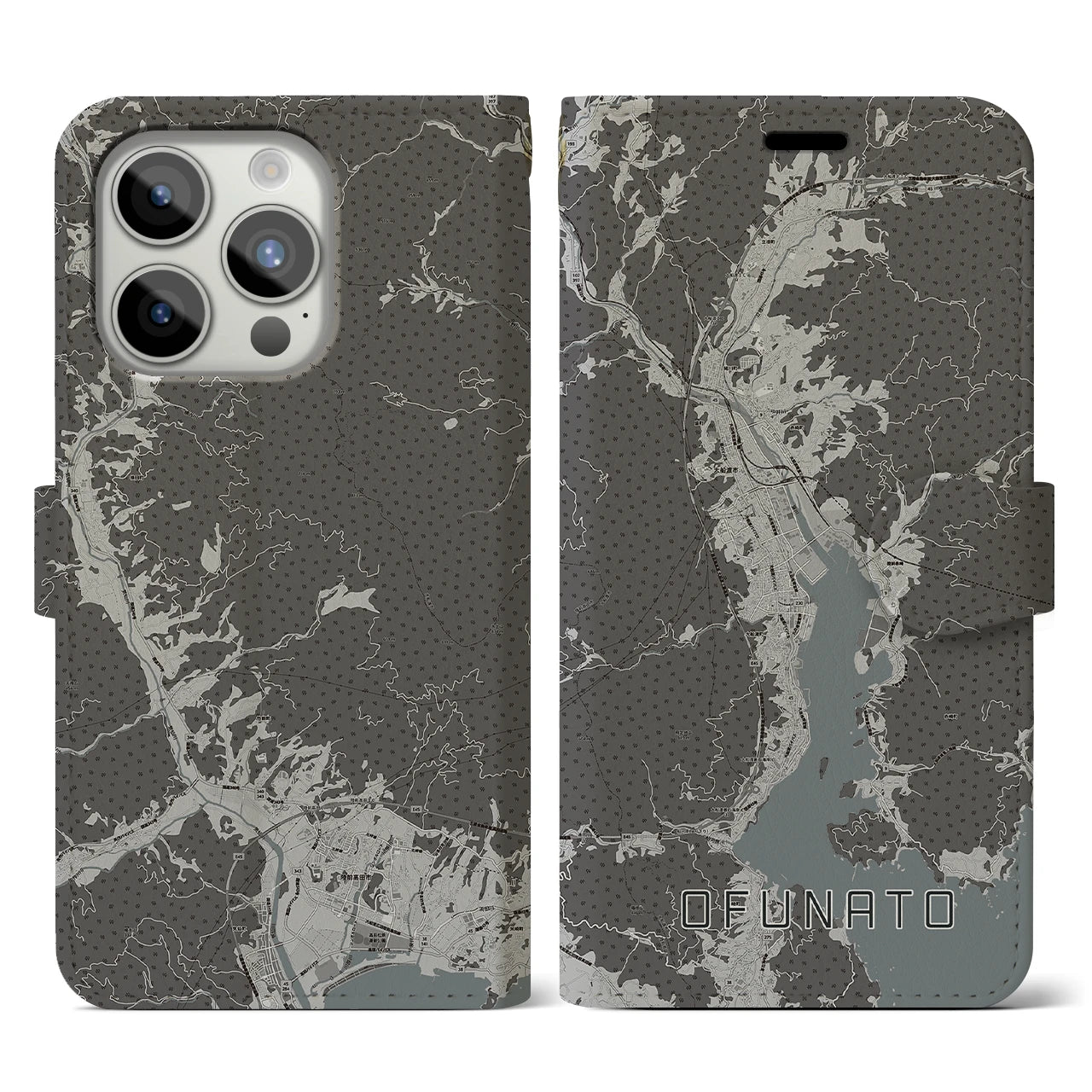 【大船渡(岩手県)】地図柄iPhoneケース(手帳タイプ)モノトーン・iPhone 15 Pro 用