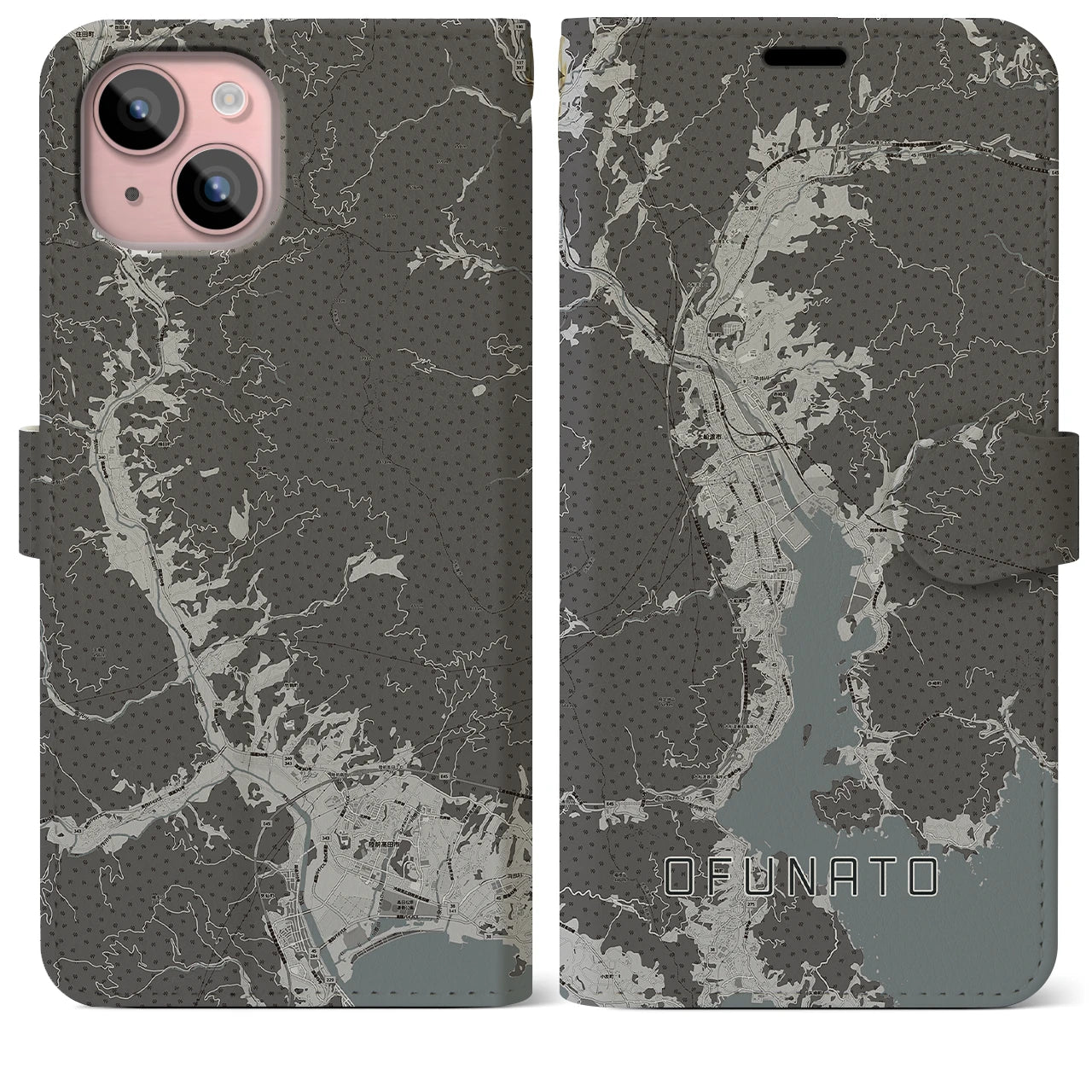 【大船渡(岩手県)】地図柄iPhoneケース(手帳タイプ)モノトーン・iPhone 15 Plus 用