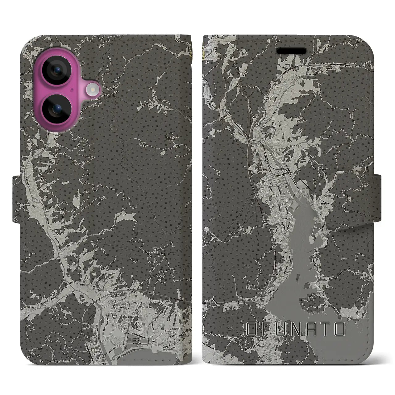 【大船渡(岩手県)】地図柄iPhoneケース(手帳タイプ)モノトーン・iPhone 16 Pro 用