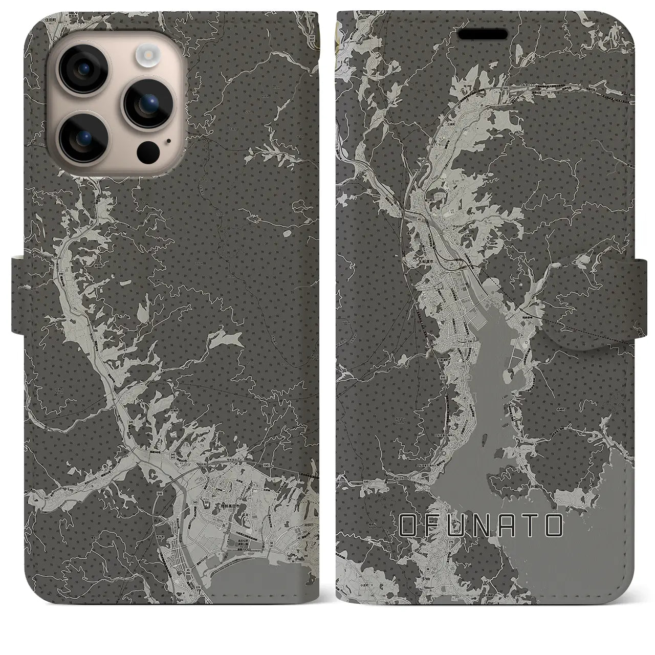 【大船渡(岩手県)】地図柄iPhoneケース(手帳タイプ)モノトーン・iPhone 16 Plus 用