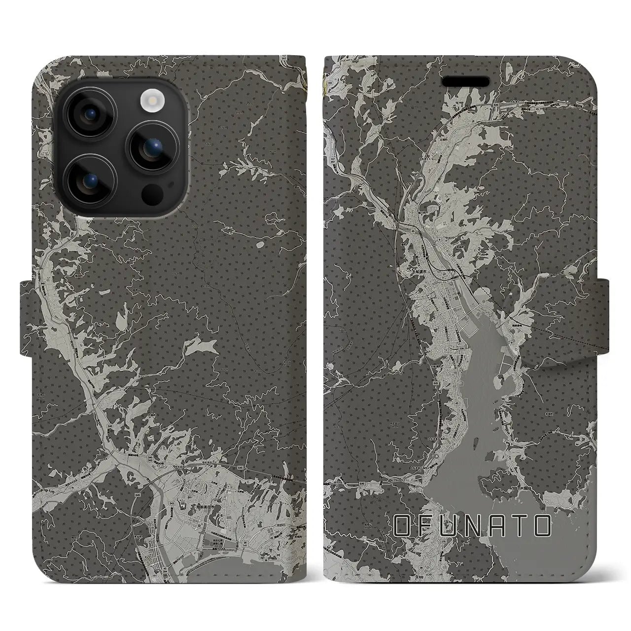 【大船渡(岩手県)】地図柄iPhoneケース(手帳タイプ)モノトーン・iPhone 16 用