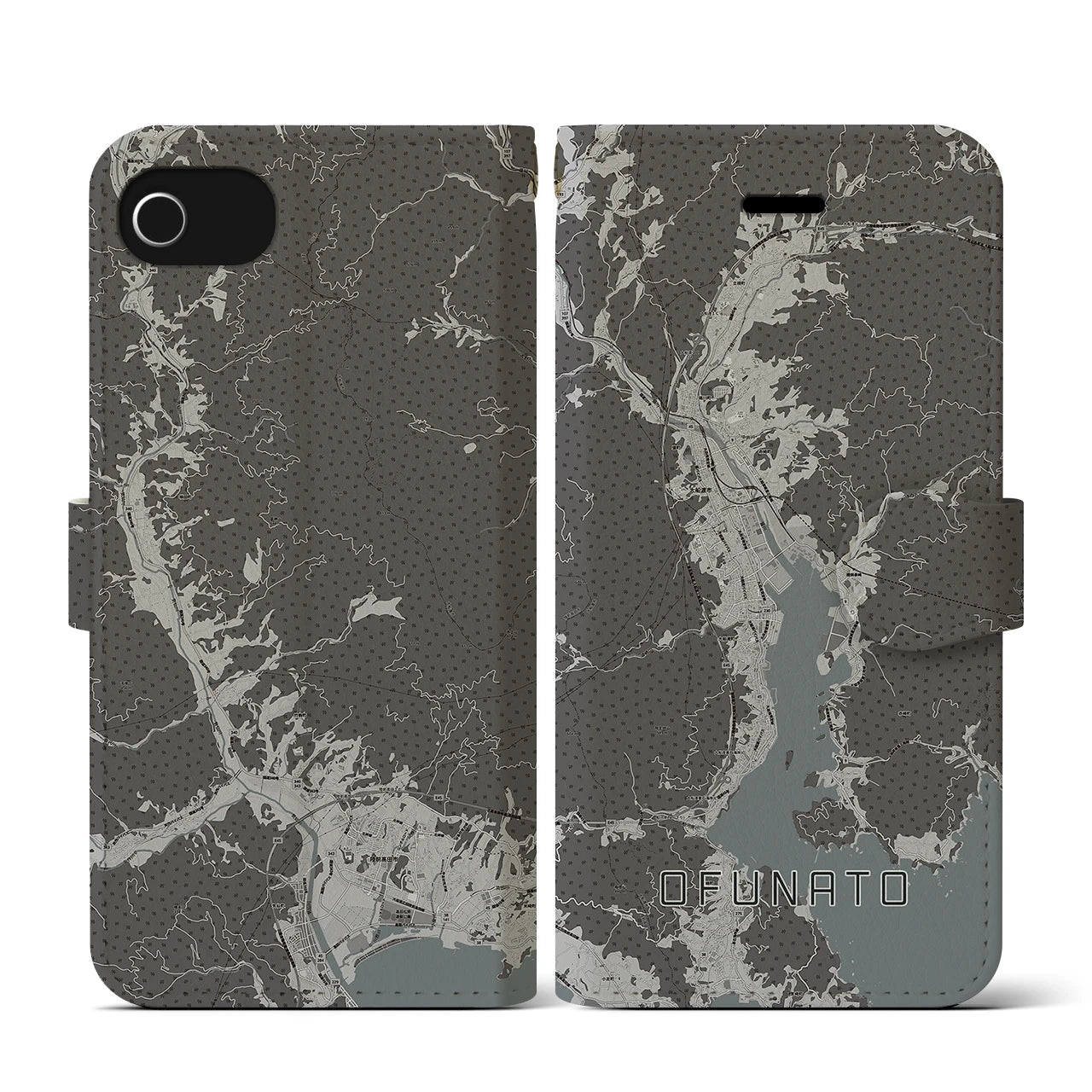 【大船渡(岩手県)】地図柄iPhoneケース(手帳タイプ)モノトーン・iPhone SE(第3 / 第2世代) / 8 / 7 / 6s / 6 用