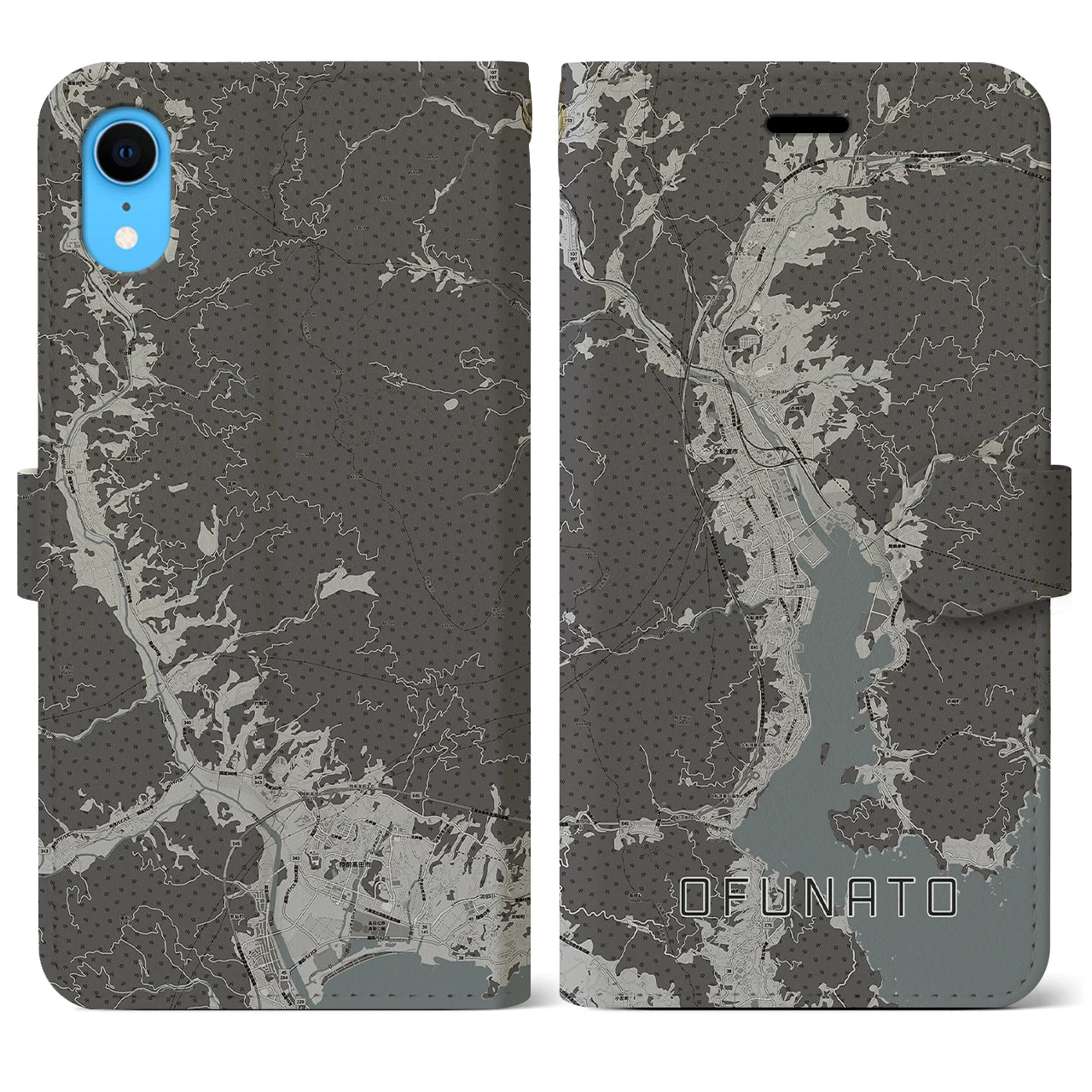 【大船渡(岩手県)】地図柄iPhoneケース(手帳タイプ)モノトーン・iPhone XR 用