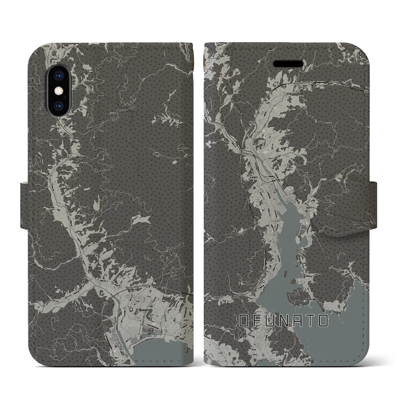 【大船渡(岩手県)】地図柄iPhoneケース(手帳タイプ)モノトーン・iPhone XS / X 用
