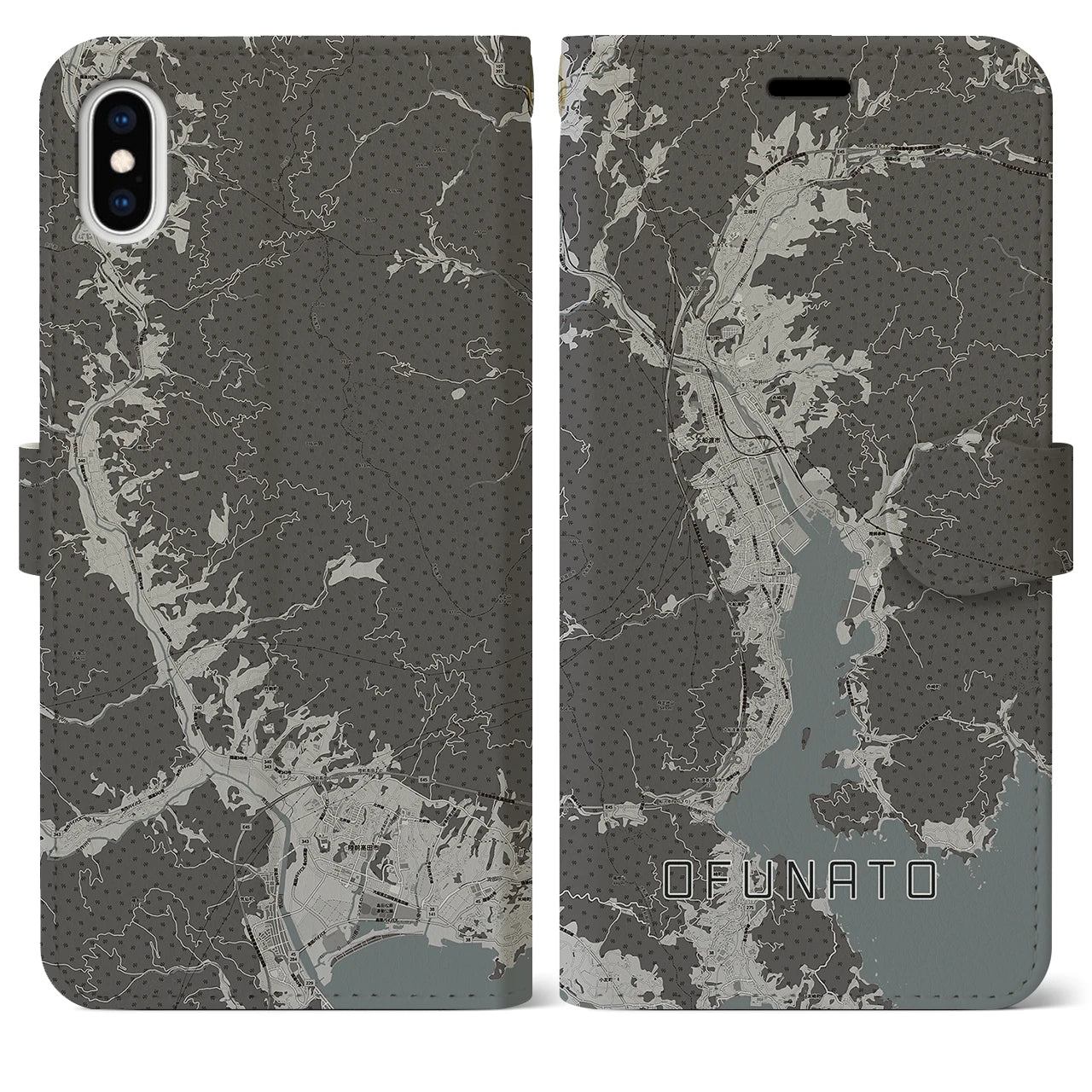 【大船渡(岩手県)】地図柄iPhoneケース(手帳タイプ)モノトーン・iPhone XS Max 用