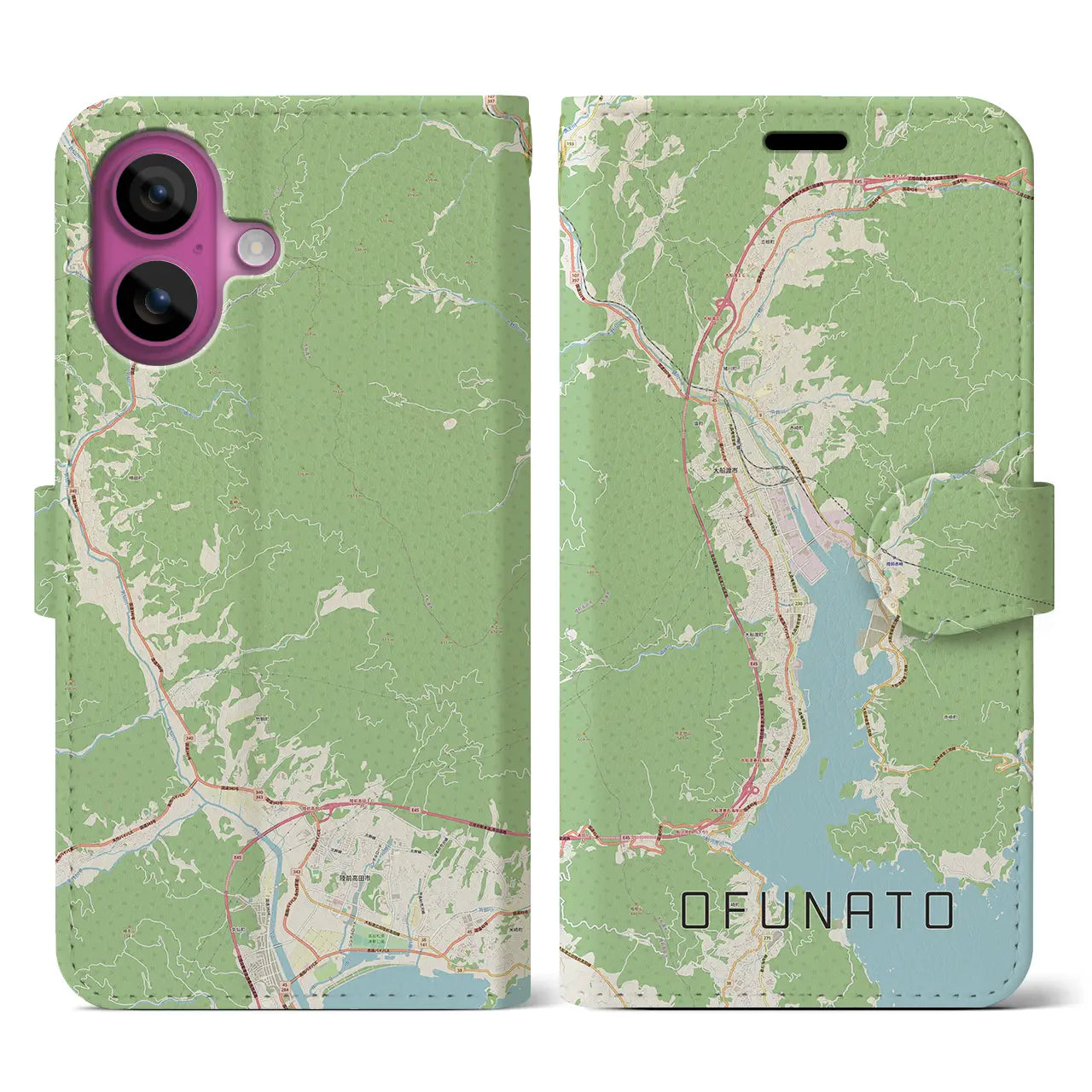 【大船渡(岩手県)】地図柄iPhoneケース(手帳タイプ)ナチュラル・iPhone 16 Pro 用