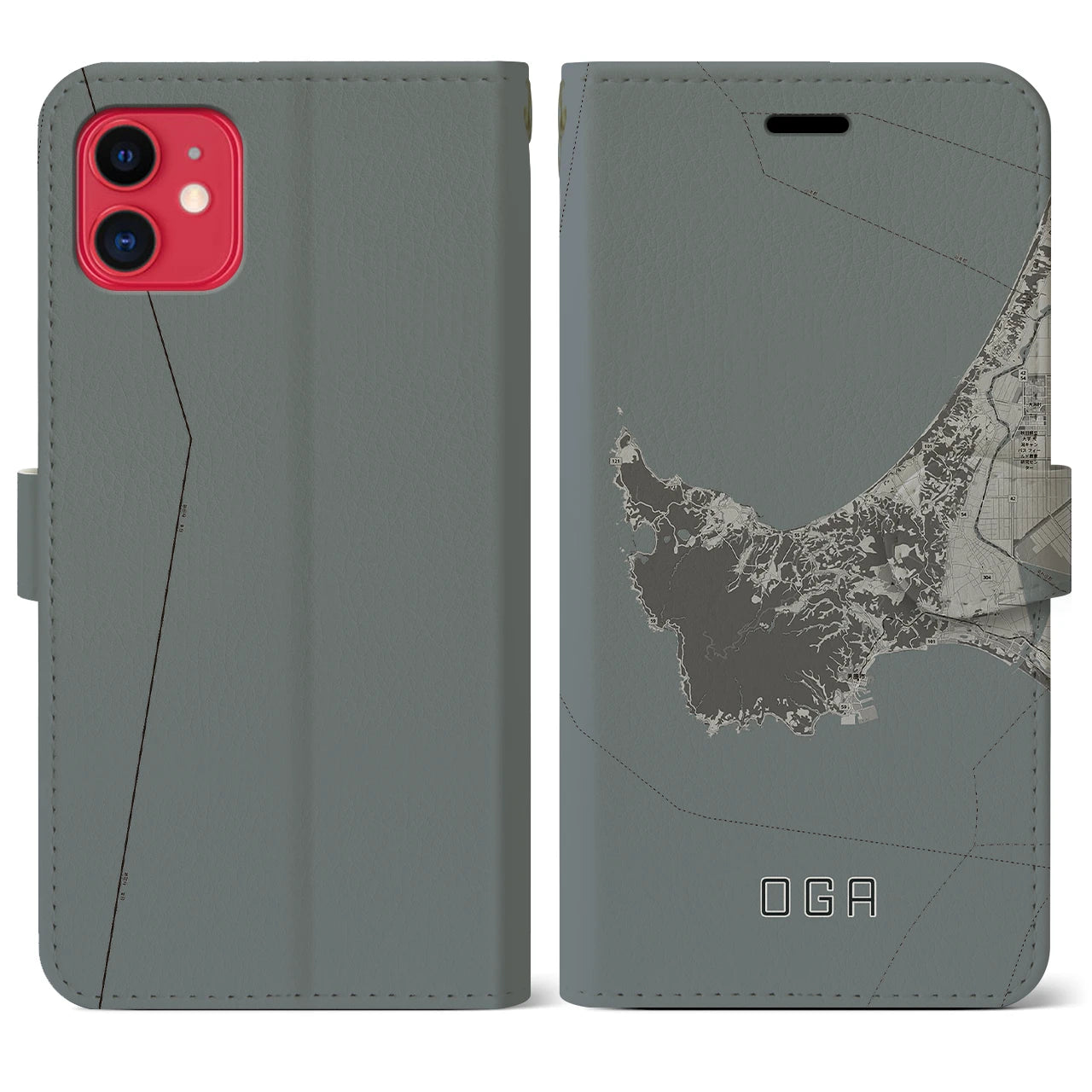【男鹿(秋田県)】地図柄iPhoneケース(手帳タイプ)モノトーン・iPhone 11 用