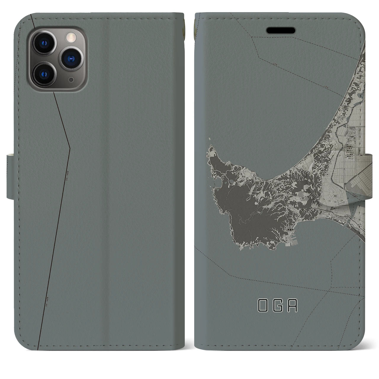【男鹿(秋田県)】地図柄iPhoneケース(手帳タイプ)モノトーン・iPhone 11 Pro Max 用