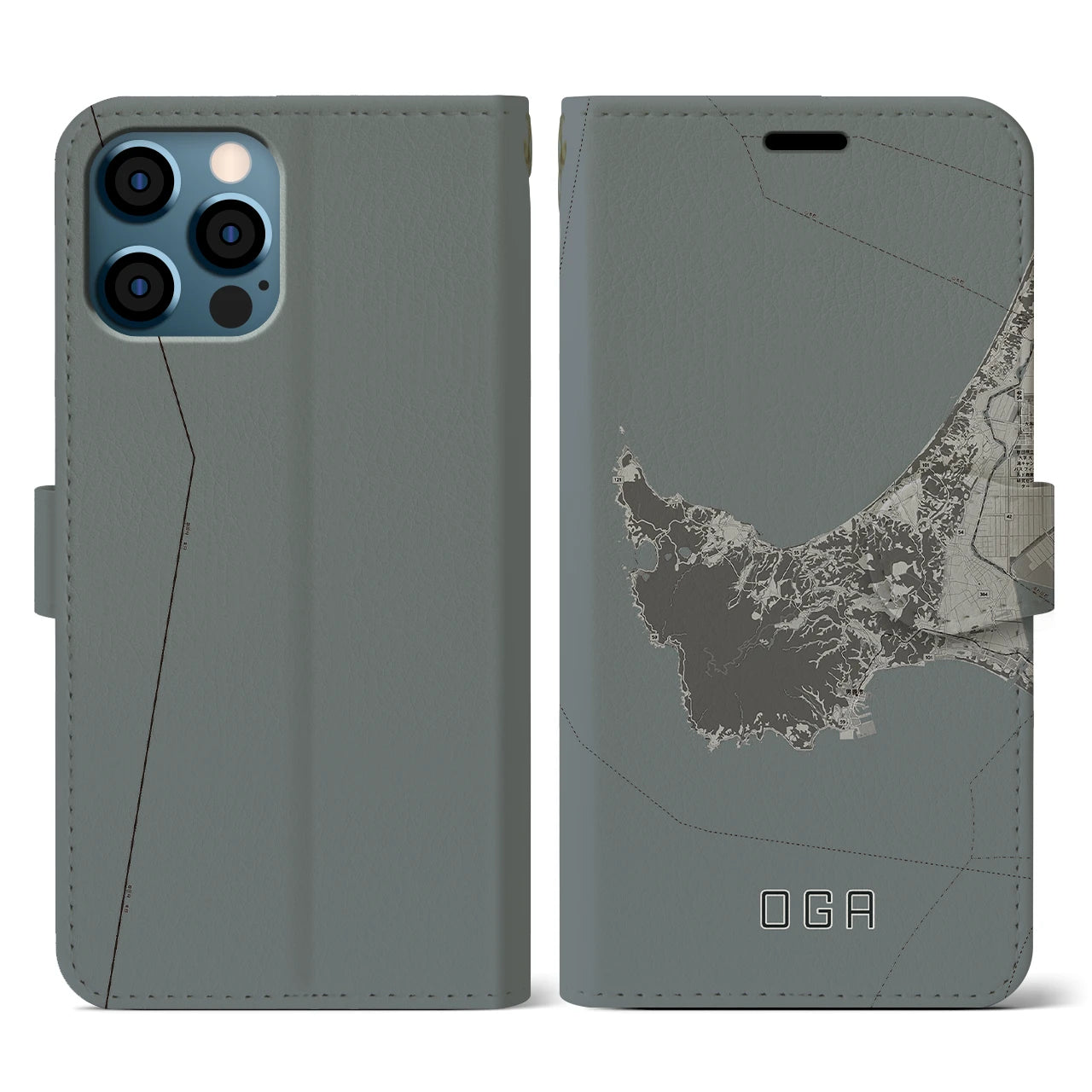 【男鹿(秋田県)】地図柄iPhoneケース(手帳タイプ)モノトーン・iPhone 12 / 12 Pro 用