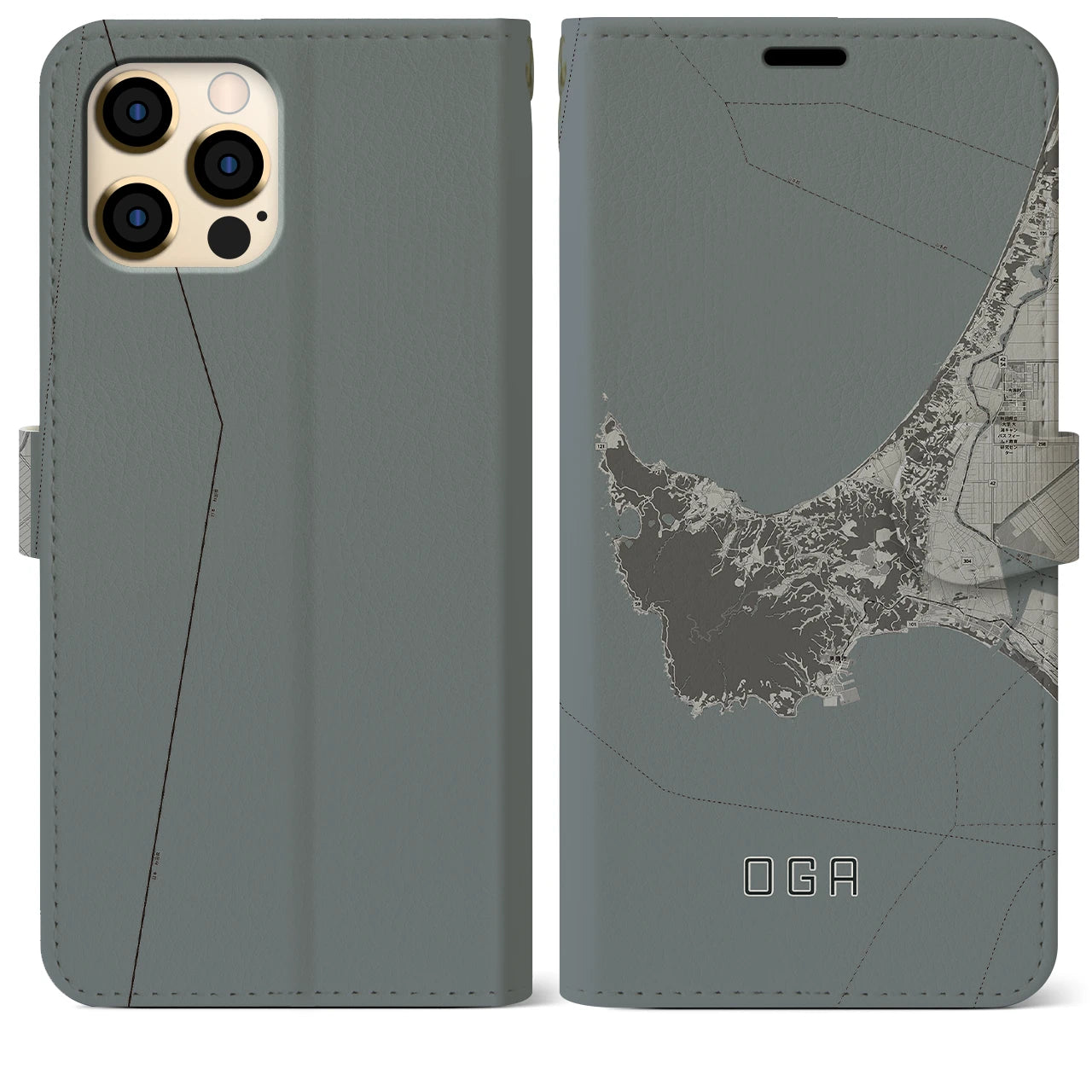 【男鹿(秋田県)】地図柄iPhoneケース(手帳タイプ)モノトーン・iPhone 12 Pro Max 用