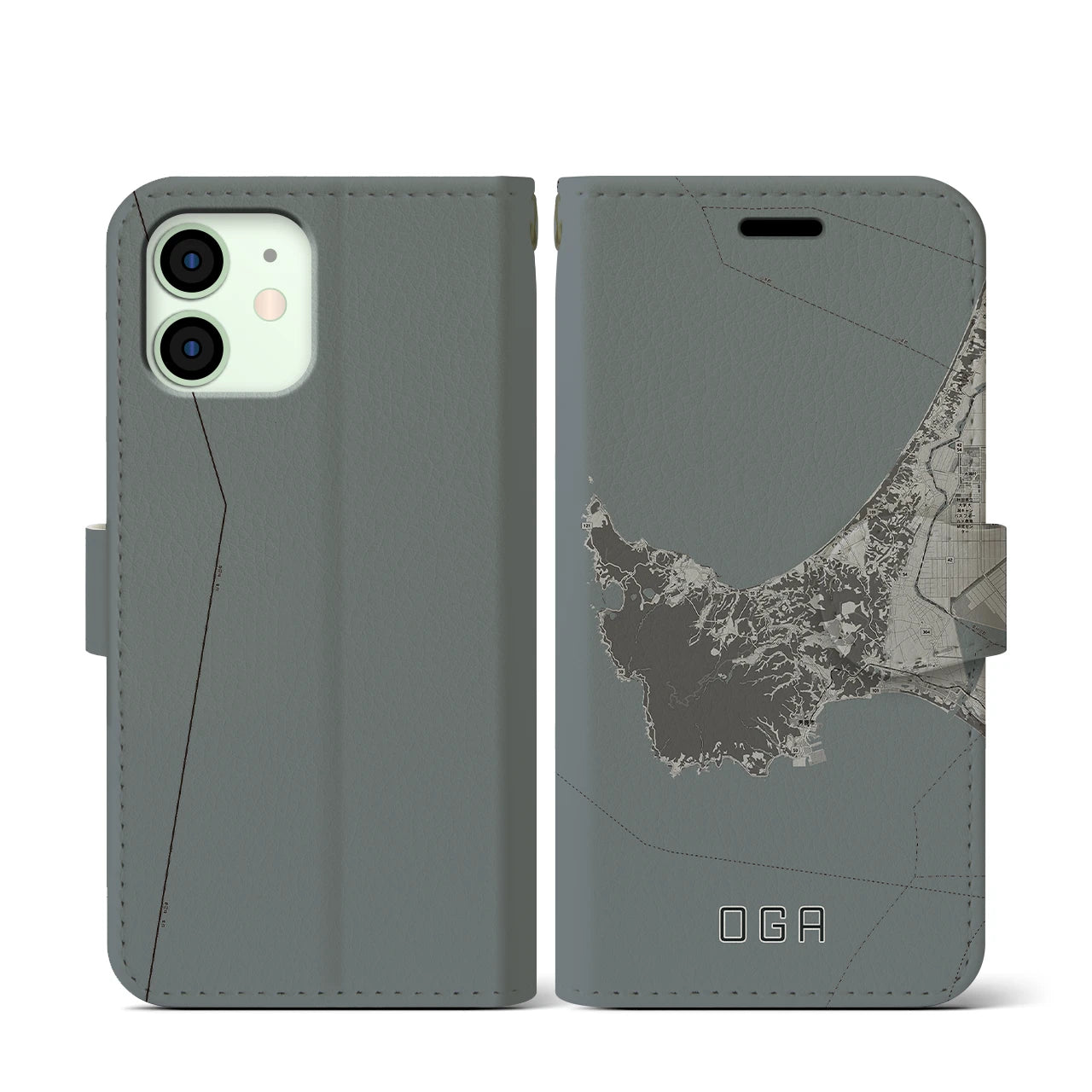 【男鹿(秋田県)】地図柄iPhoneケース(手帳タイプ)モノトーン・iPhone 12 mini 用