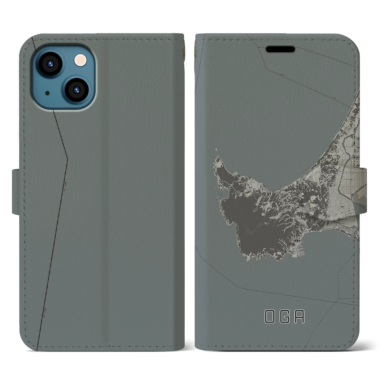 【男鹿(秋田県)】地図柄iPhoneケース(手帳タイプ)モノトーン・iPhone 13 用