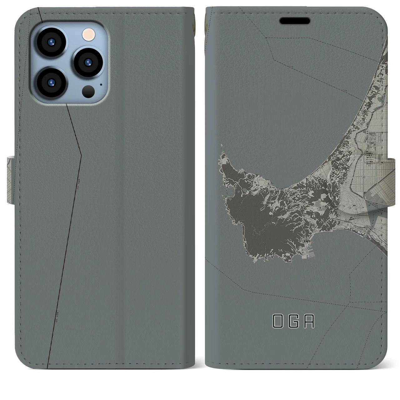 【男鹿(秋田県)】地図柄iPhoneケース(手帳タイプ)モノトーン・iPhone 13 Pro Max 用