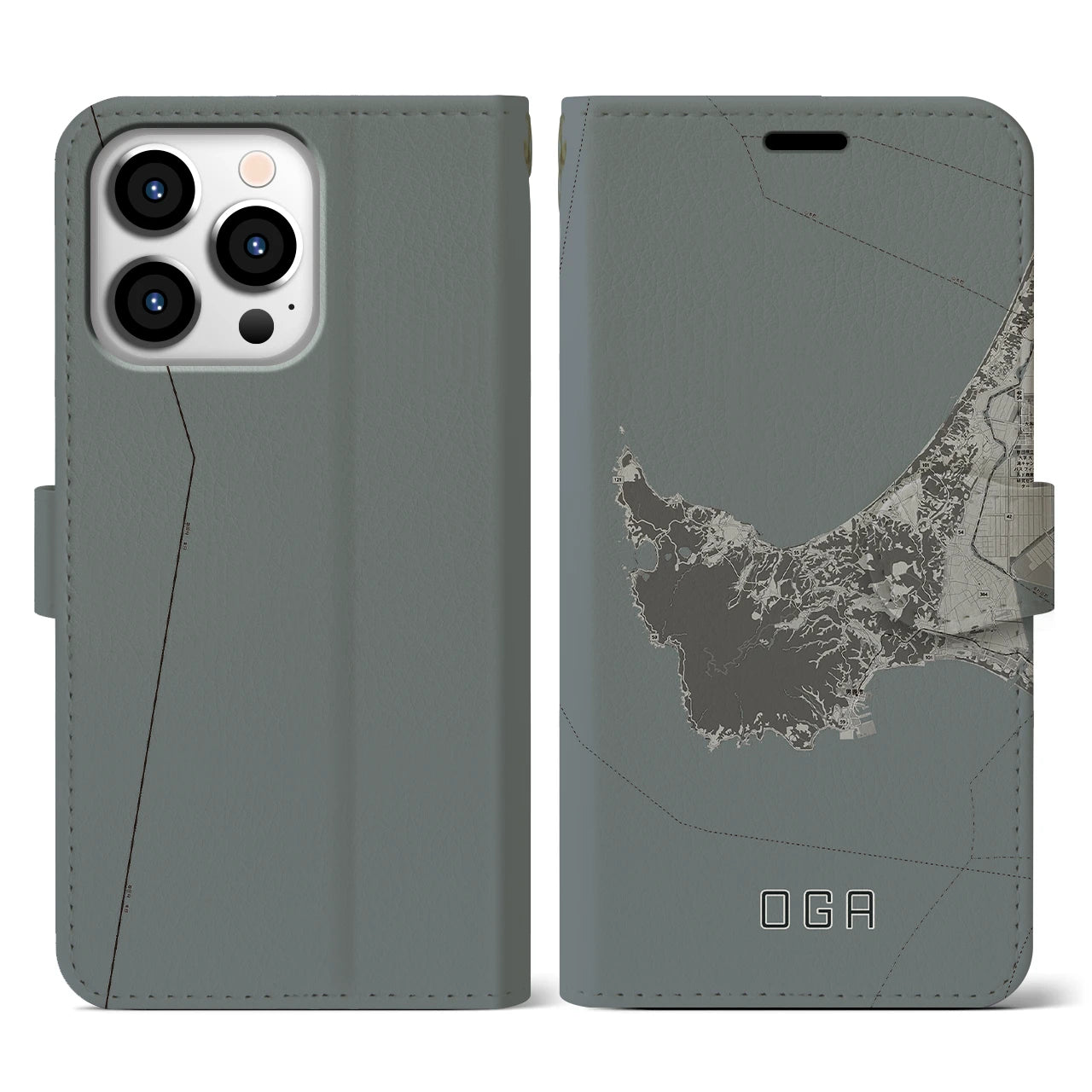 【男鹿(秋田県)】地図柄iPhoneケース(手帳タイプ)モノトーン・iPhone 13 Pro 用