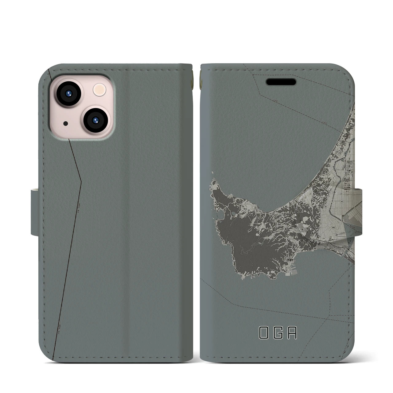 【男鹿(秋田県)】地図柄iPhoneケース(手帳タイプ)モノトーン・iPhone 13 mini 用