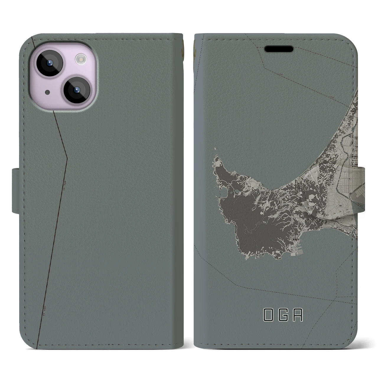【男鹿(秋田県)】地図柄iPhoneケース(手帳タイプ)モノトーン・iPhone 14 用