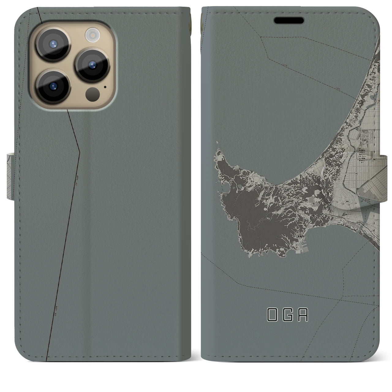 【男鹿(秋田県)】地図柄iPhoneケース(手帳タイプ)モノトーン・iPhone 14 Pro Max 用