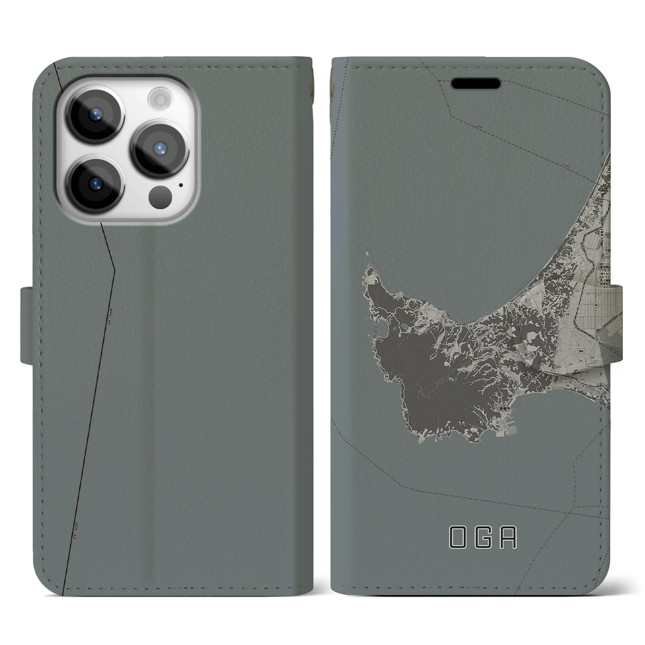 【男鹿(秋田県)】地図柄iPhoneケース(手帳タイプ)モノトーン・iPhone 14 Pro 用