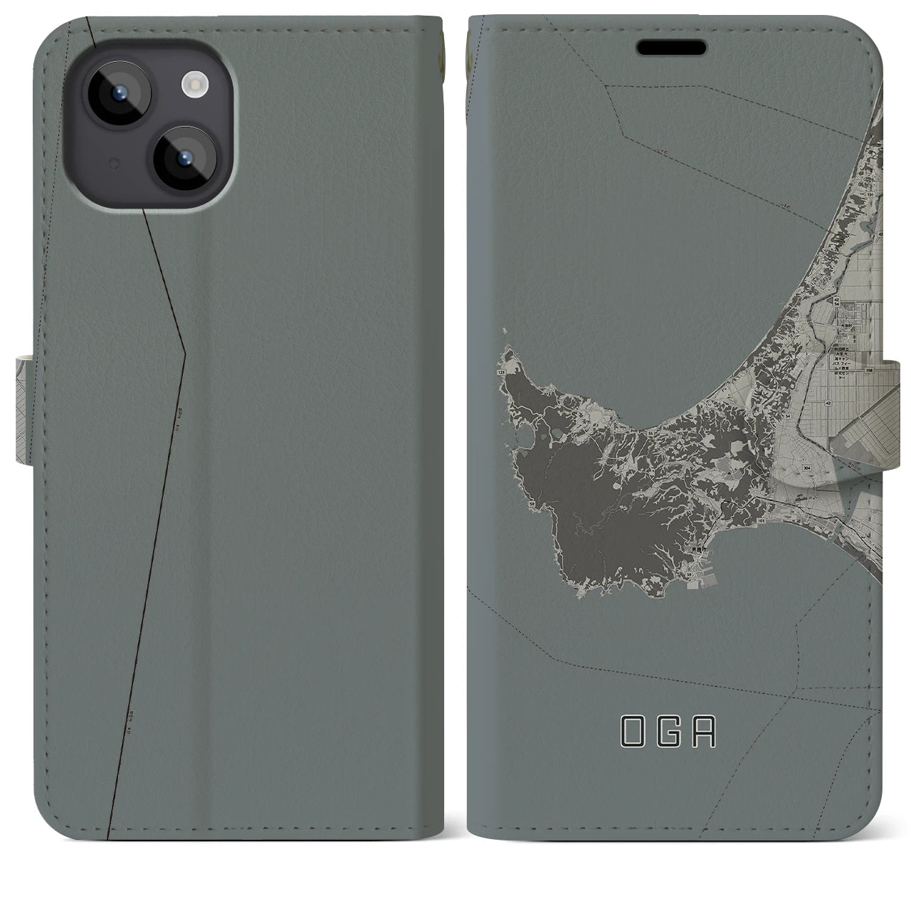 【男鹿(秋田県)】地図柄iPhoneケース(手帳タイプ)モノトーン・iPhone 14 Plus 用