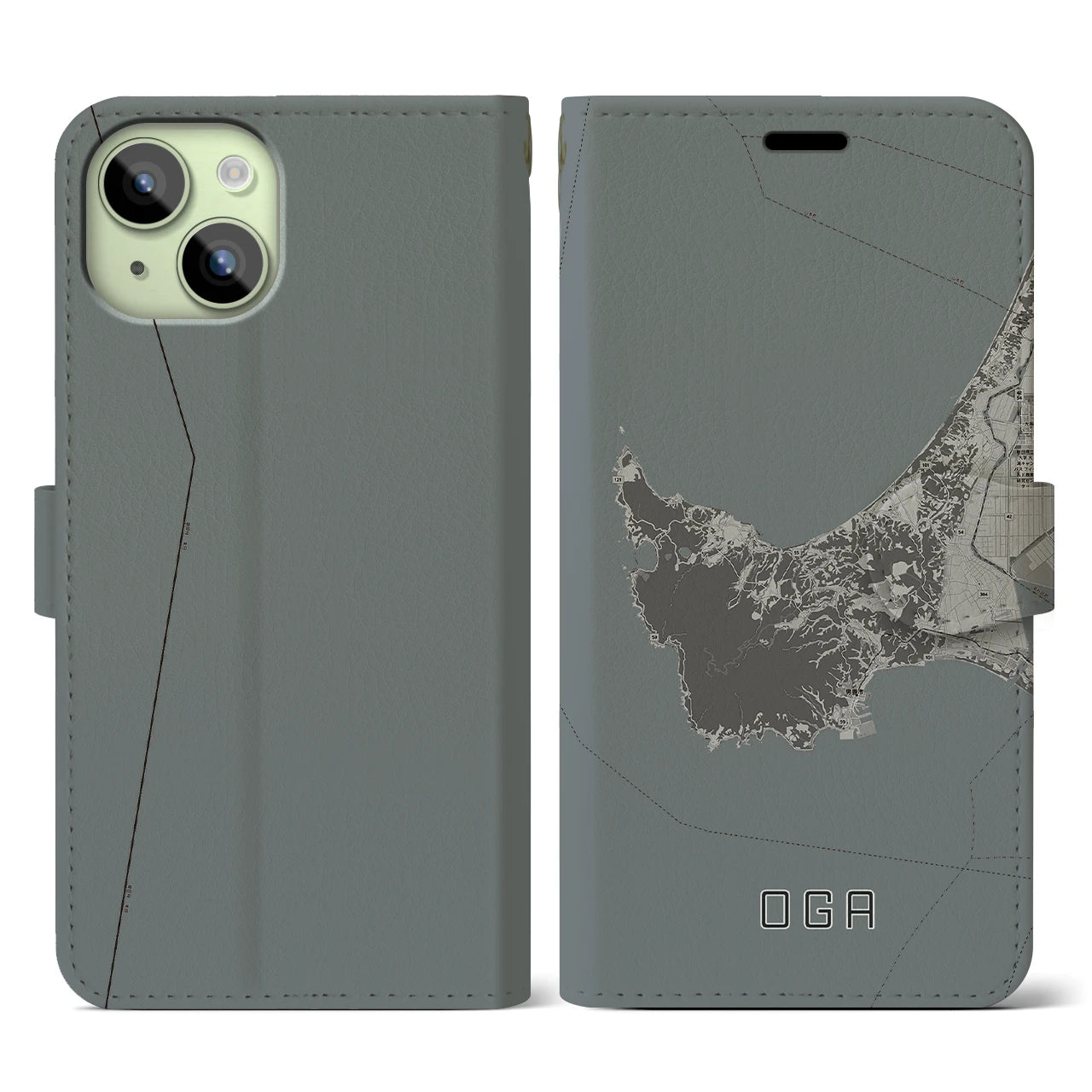 【男鹿(秋田県)】地図柄iPhoneケース(手帳タイプ)モノトーン・iPhone 15 用